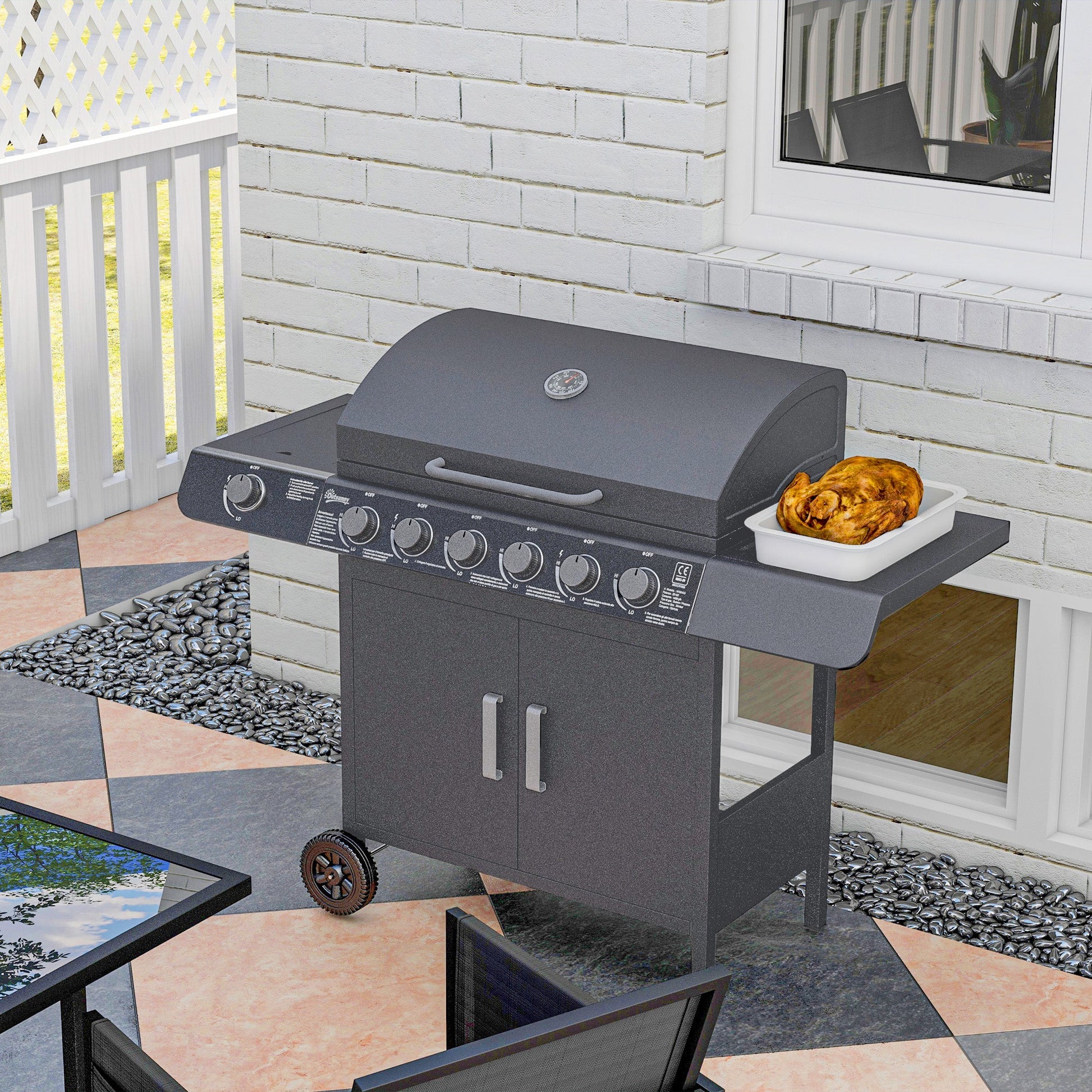 6+1 Burner Gas BBQ Grill, Outdoor Barbecue Trolley with Wheels, Warming Rack, Side Shelves, Cabinet, Thermometer for Garden, Party, Camping, 135 x 51.5 x 100cm, Grey