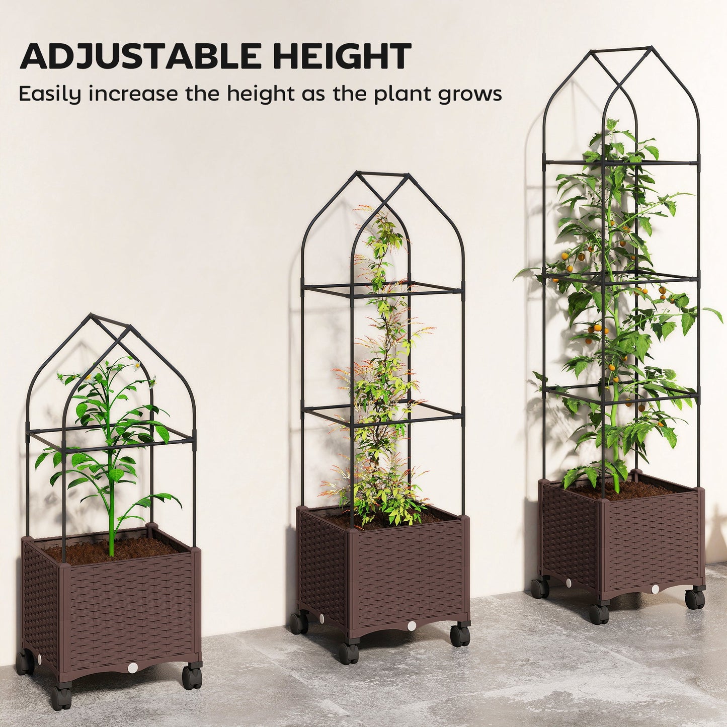 Raised Garden Bed with Trellis, Tomato Cage with Lockable Wheels, Self Watering Planter Box with Drainage Holes and Plugs for Outdoor Patio Climbing Plants, Vines, Vegetables, Flowers, Brown