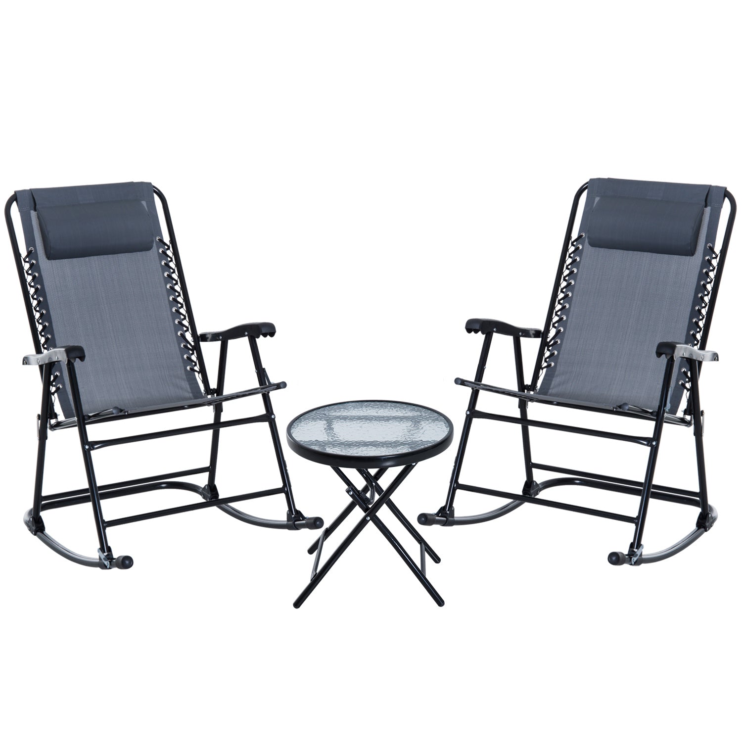 3 Piece Outdoor Rocking Set with 2 Folding Chairs and 1 Tempered Glass Table, Patio Bistro Set for Garden, Deck, Grey