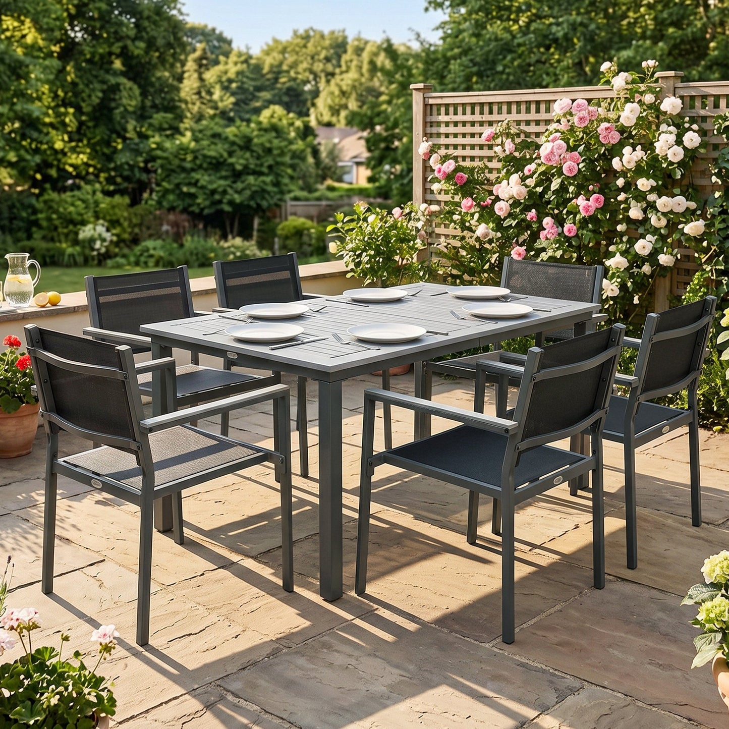 Garden Dining Set with Acacia Wood Table Top, Outdoor Table and Stackable Chairs Set for 6 with Texteline Seat, for Patio, Conservatory, Terrace, Grey