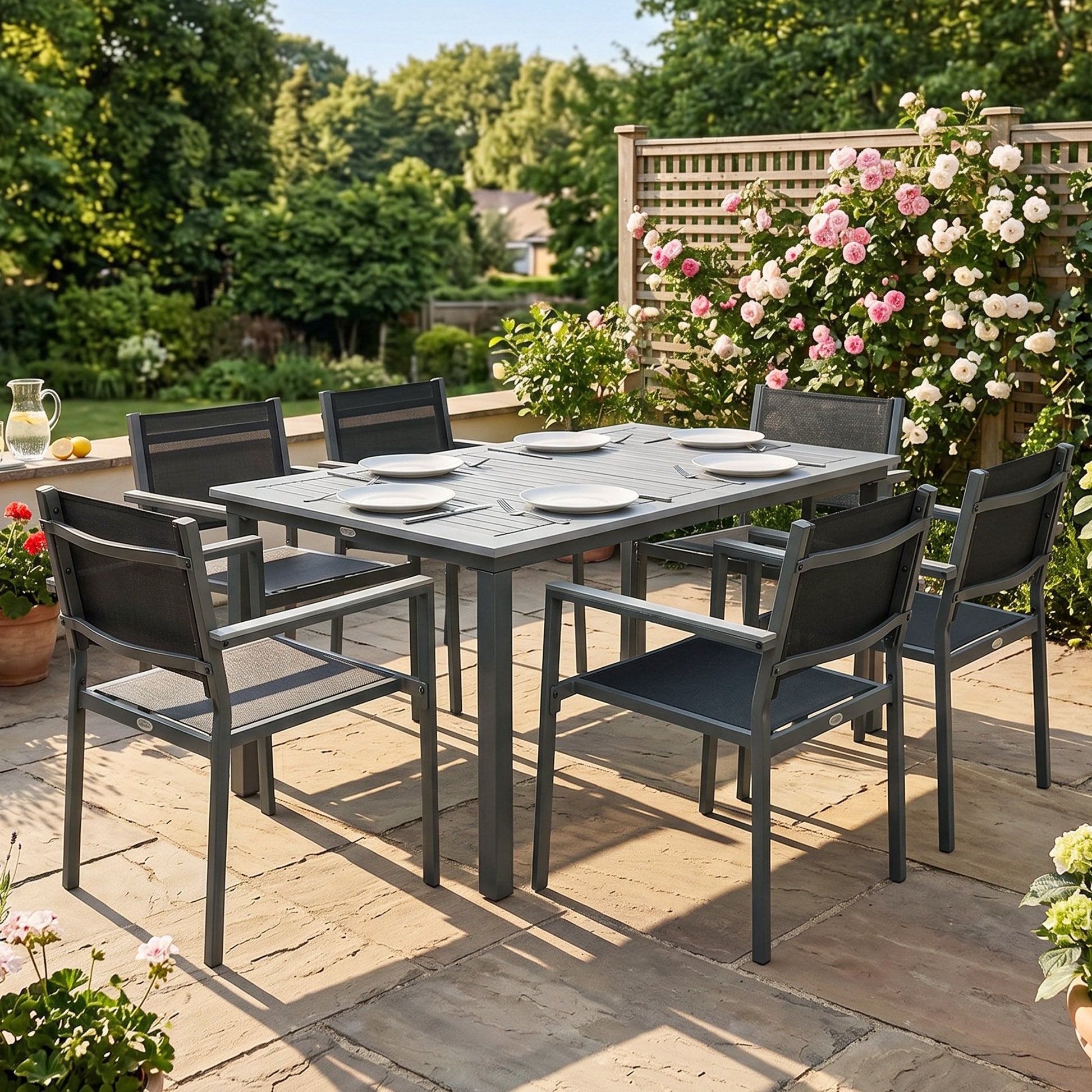 Garden Dining Set with Acacia Wood Table Top, Outdoor Table and Stackable Chairs Set for 6 with Texteline Seat, for Patio, Conservatory, Terrace, Grey