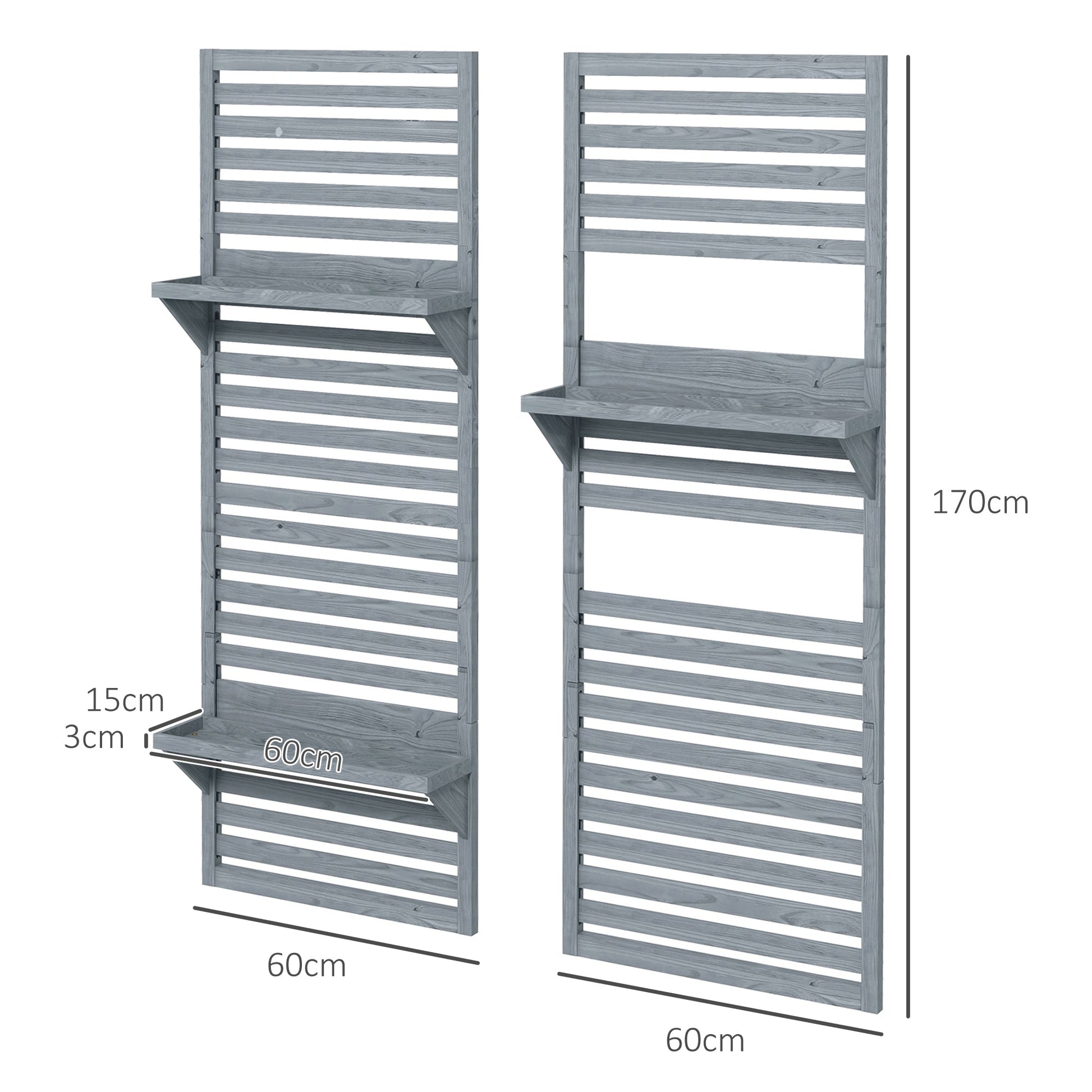 2-pieces Outdoor Plant Stands with Hanging Planter Shelves and Slatted Trellis for Climbing Plants, 170cm Wall Mount Wooden Plant Rack for Patio, Balcony, Porch, Grey