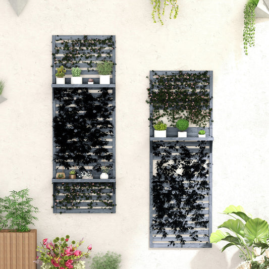 2-pieces Outdoor Plant Stands with Hanging Planter Shelves and Slatted Trellis for Climbing Plants, 170cm Wall Mount Wooden Plant Rack for Patio, Balcony, Porch, Grey
