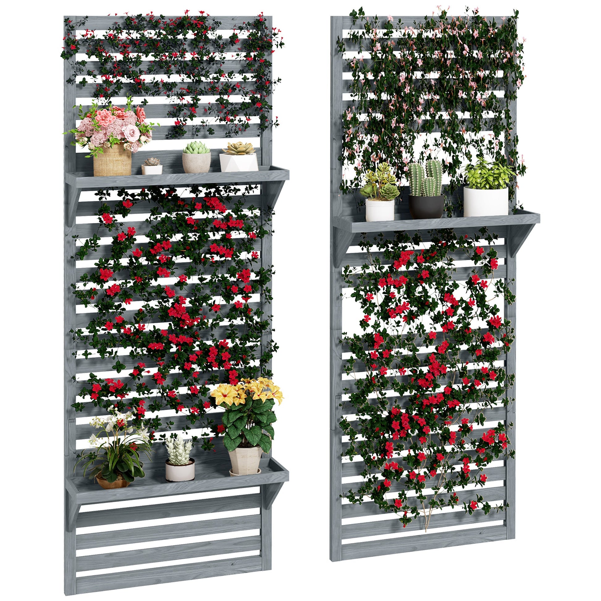 2-pieces Outdoor Plant Stands with Hanging Planter Shelves and Slatted Trellis for Climbing Plants, 170cm Wall Mount Wooden Plant Rack for Patio, Balcony, Porch, Grey