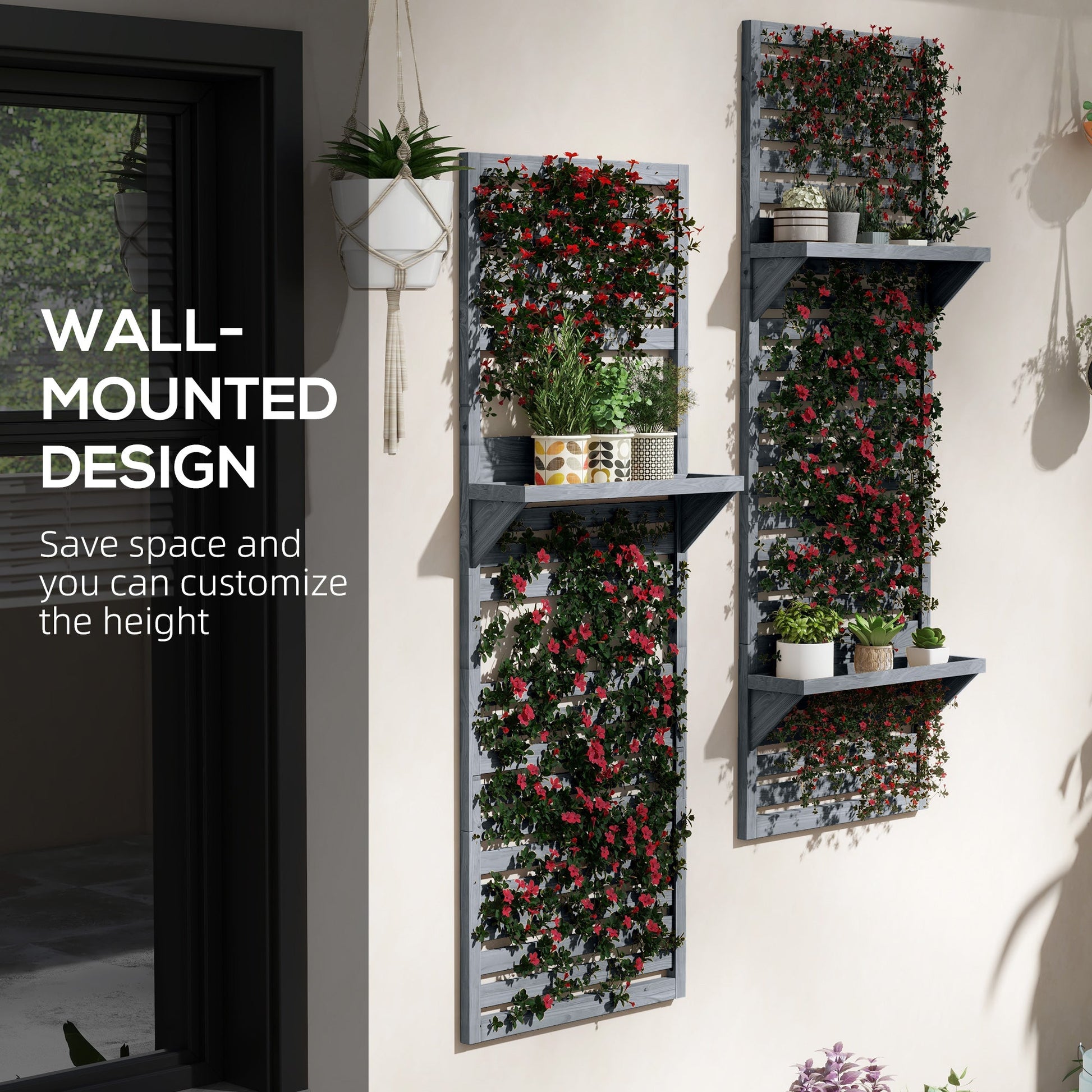 2-pieces Outdoor Plant Stands with Hanging Planter Shelves and Slatted Trellis for Climbing Plants, 170cm Wall Mount Wooden Plant Rack for Patio, Balcony, Porch, Grey