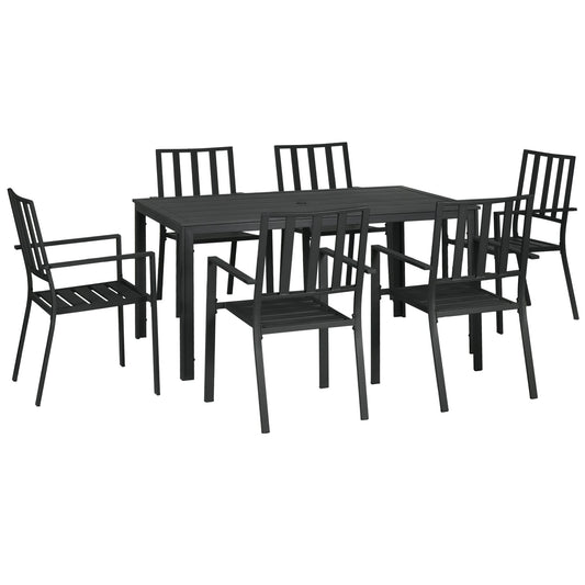 7 Pieces Garden Dining Set, Outdoor Patio Table and 6 Stackable Chairs, Metal Top Table with Umbrella Hole, Black