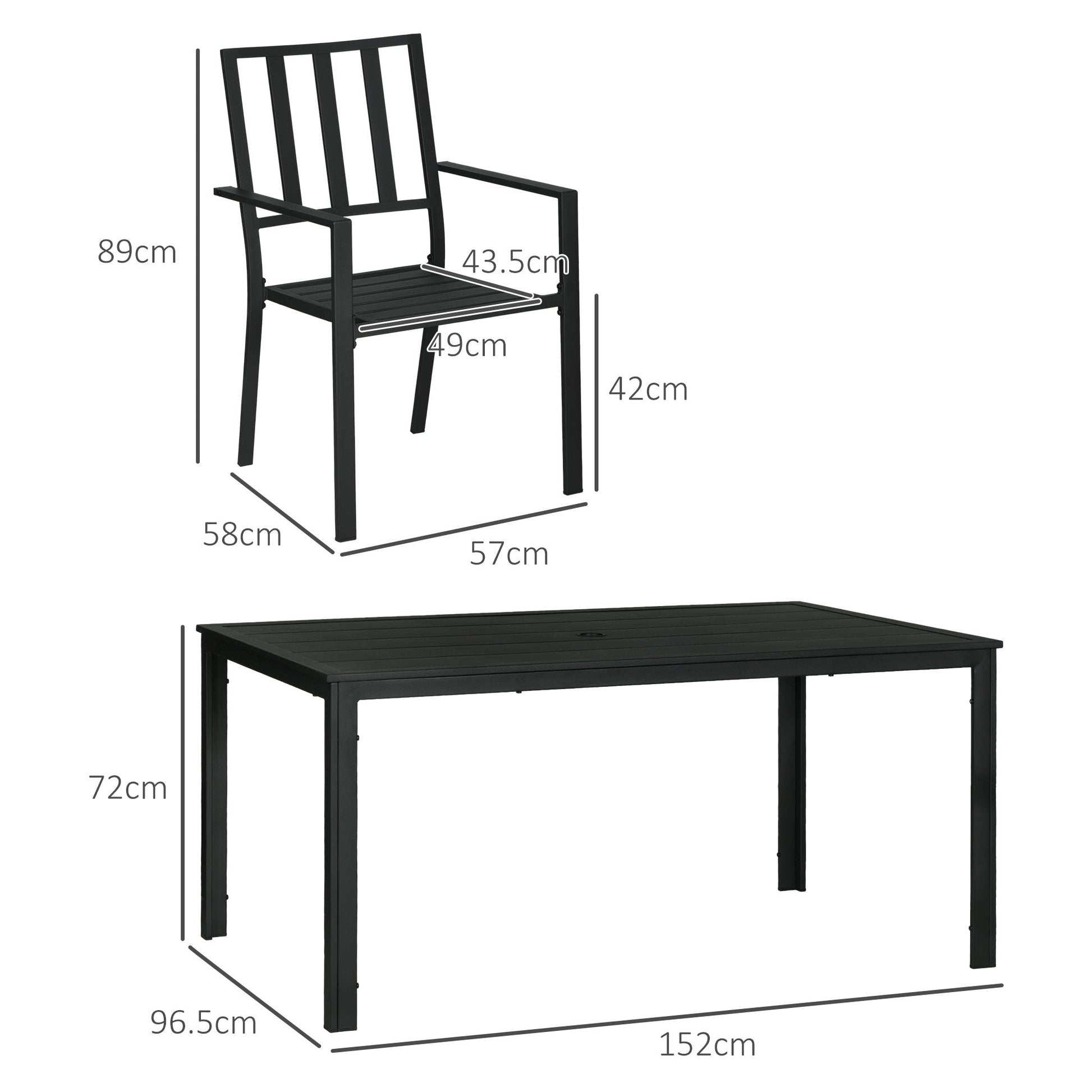 7 Pieces Garden Dining Set, Outdoor Patio Table and 6 Stackable Chairs, Metal Top Table with Umbrella Hole, Black
