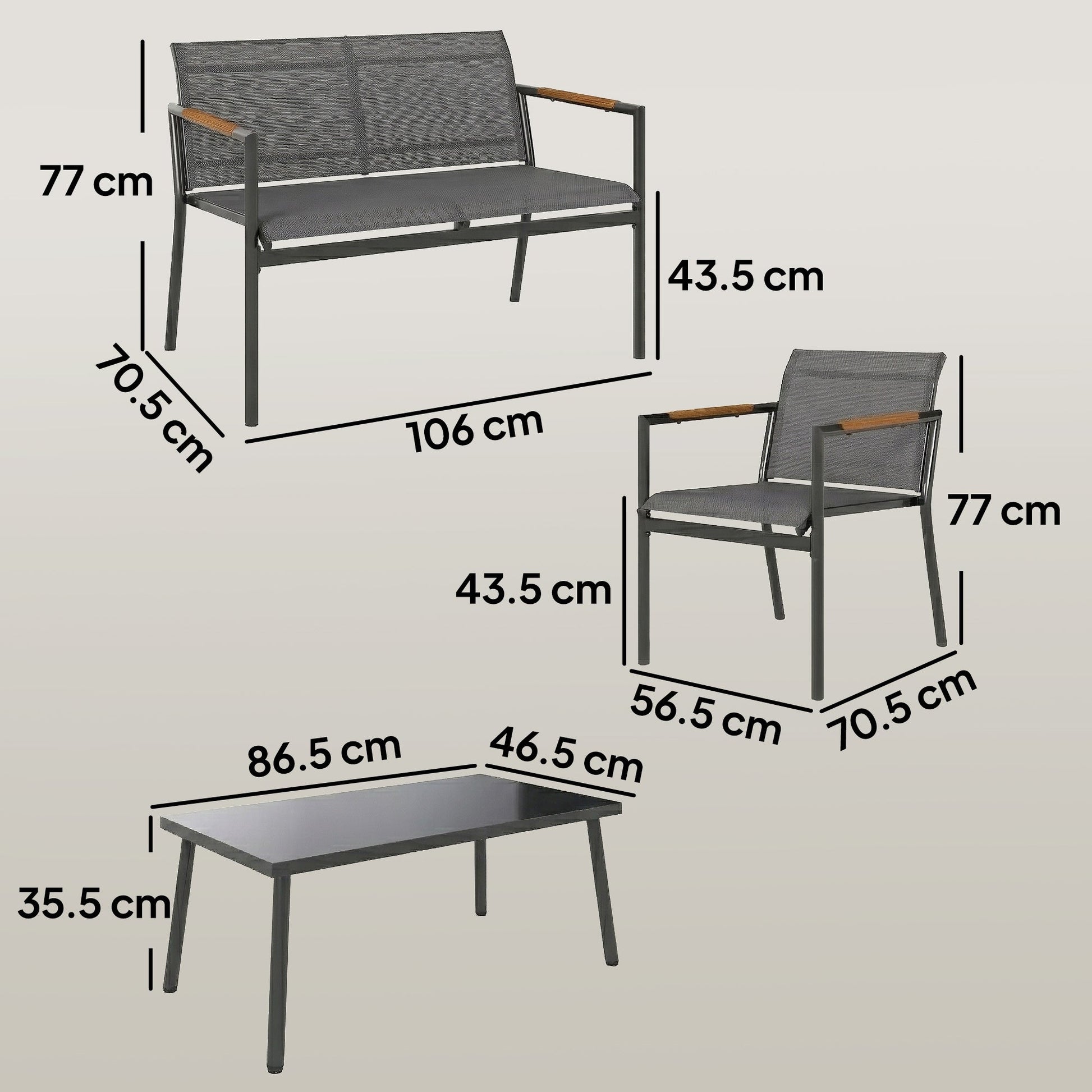 4 Seater Garden Furniture Set with Loveseat, 2 Armchairs, Metal-Top Table, Metal Garden Sofa Set with Breathable Mesh Seats, Outdoor Furniture Conversation Sets, Grey