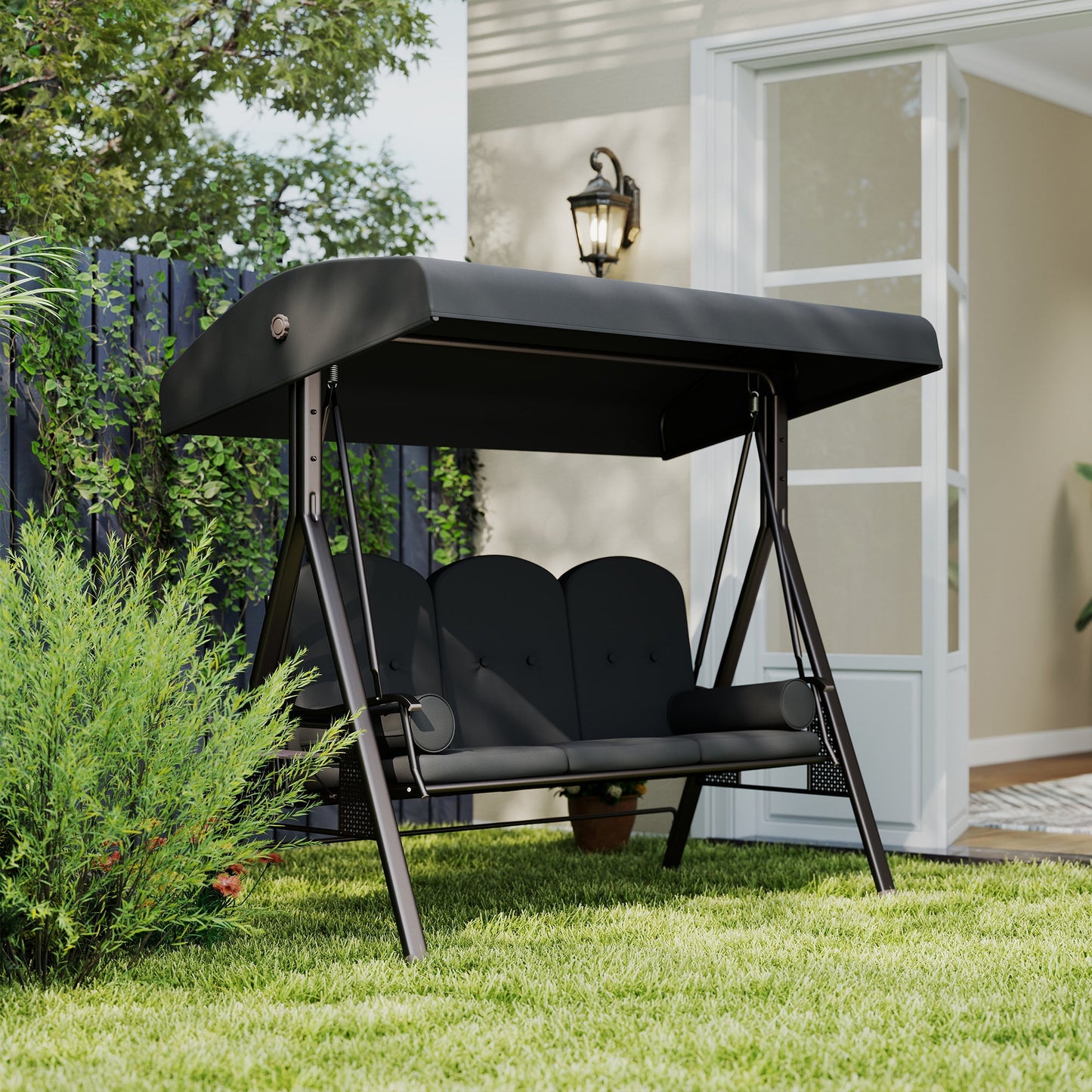 3 Seater Canopy Swing Chair, Outdoor Garden Swing Seat with Adjustable Canopy, Cushions and Cup Trays, Steel Frame, Dark Grey