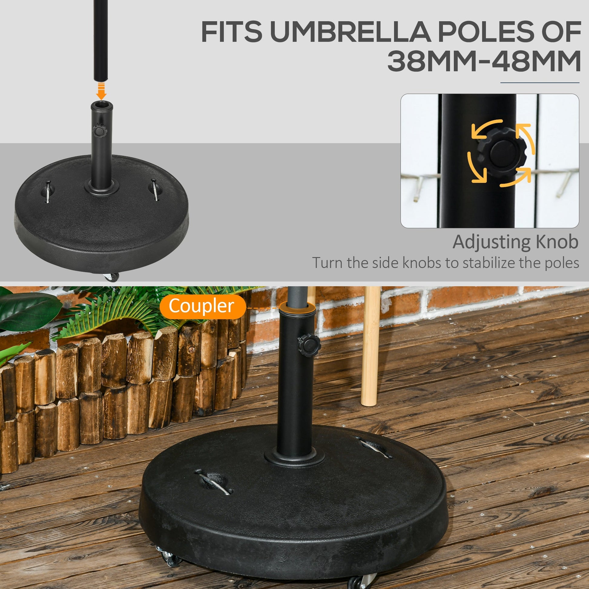 23.5kg Resin Garden Parasol Base with Wheels and Retractable Handles, Round Outdoor Market Umbrella Stand Weight for Poles of Φ38mm to Φ48mm, Black