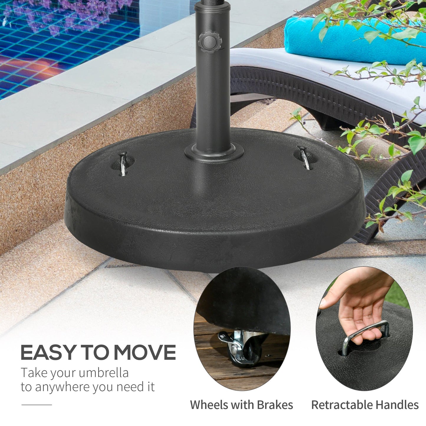 23.5kg Resin Garden Parasol Base with Wheels and Retractable Handles, Round Outdoor Market Umbrella Stand Weight for Poles of Φ38mm to Φ48mm, Black