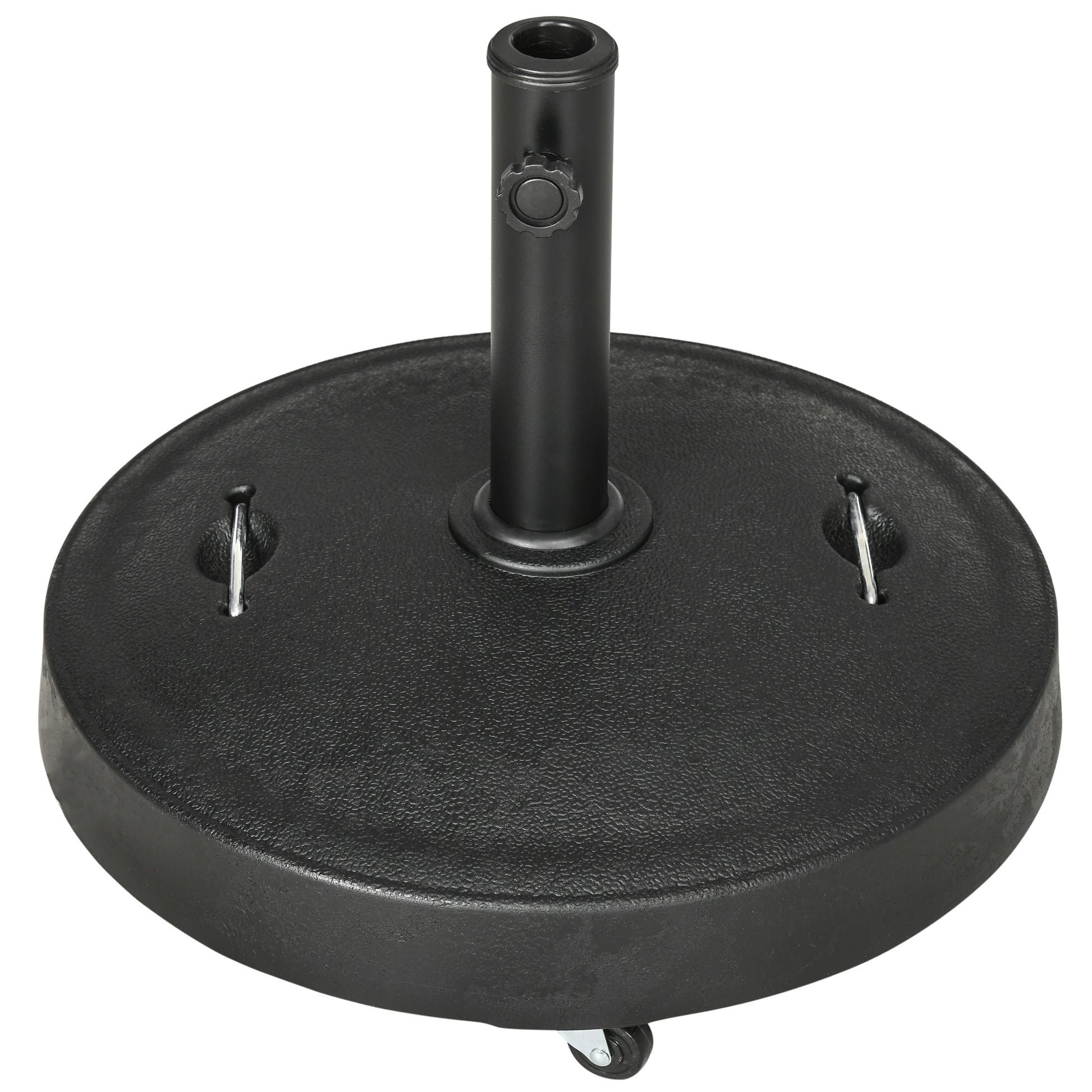 23.5kg Resin Garden Parasol Base with Wheels and Retractable Handles, Round Outdoor Market Umbrella Stand Weight for Poles of Φ38mm to Φ48mm, Black