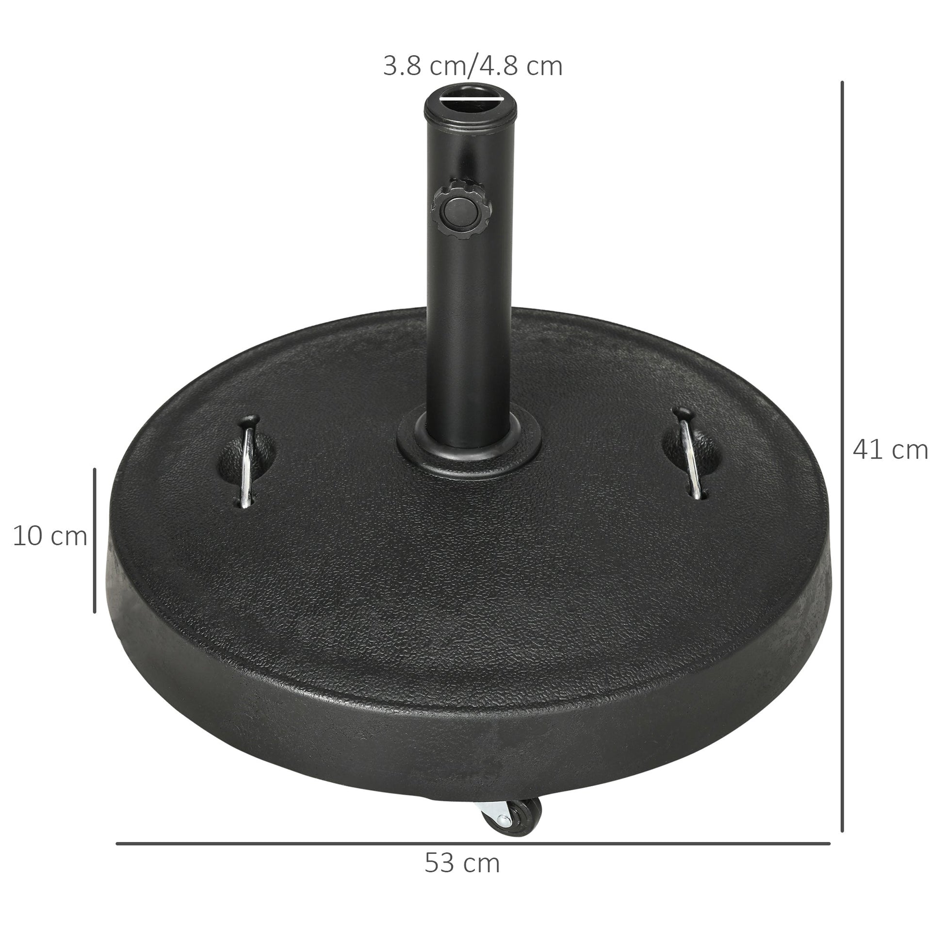 23.5kg Resin Garden Parasol Base with Wheels and Retractable Handles, Round Outdoor Market Umbrella Stand Weight for Poles of Φ38mm to Φ48mm, Black
