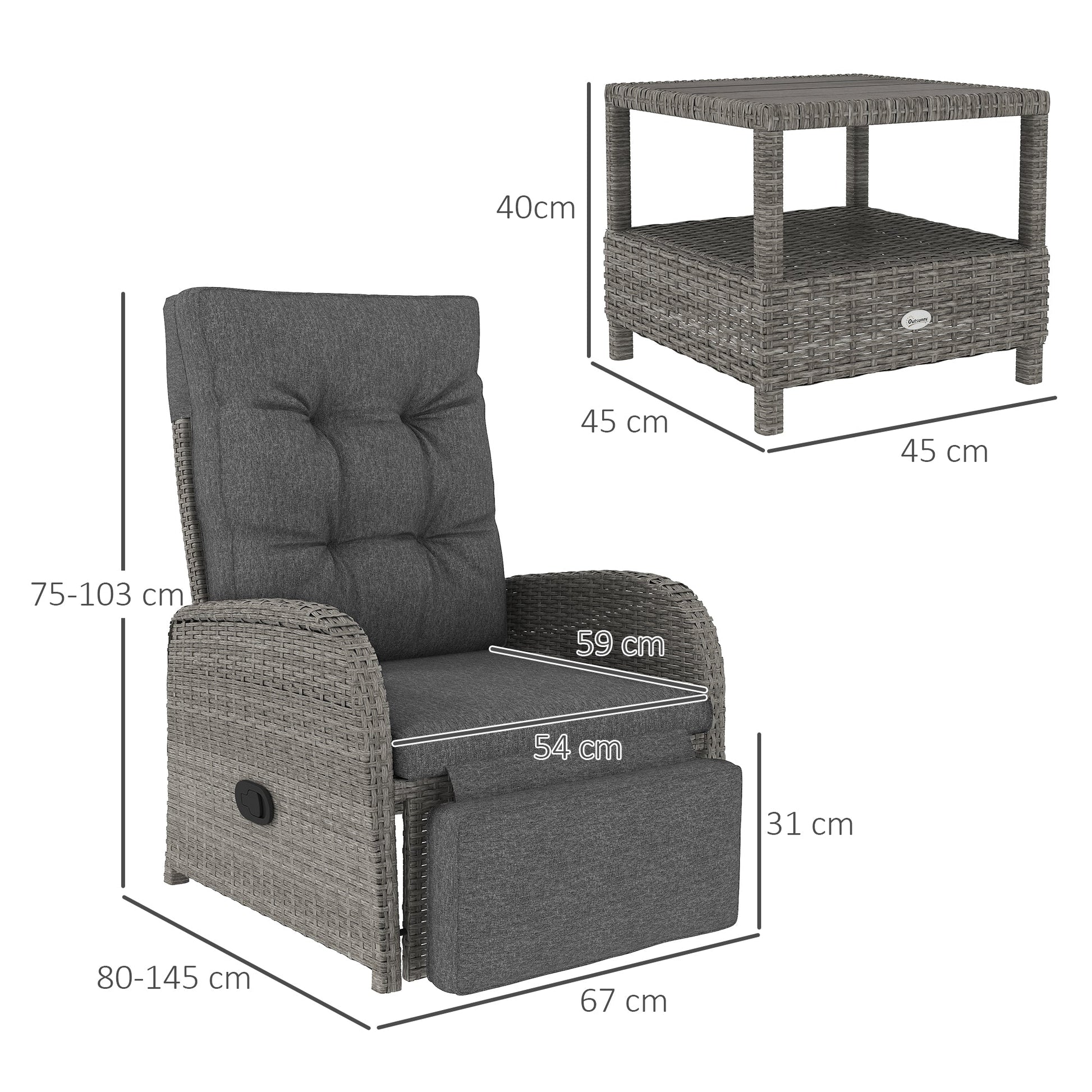 3 Pieces Rattan Bistro Set, Wicker Balcony Furniture Set with Reclining Sun Loungers, 2-Tier Coffee Table and Cushions, 2 Seater Garden Furniture for Outdoor Patio Balcony, Grey