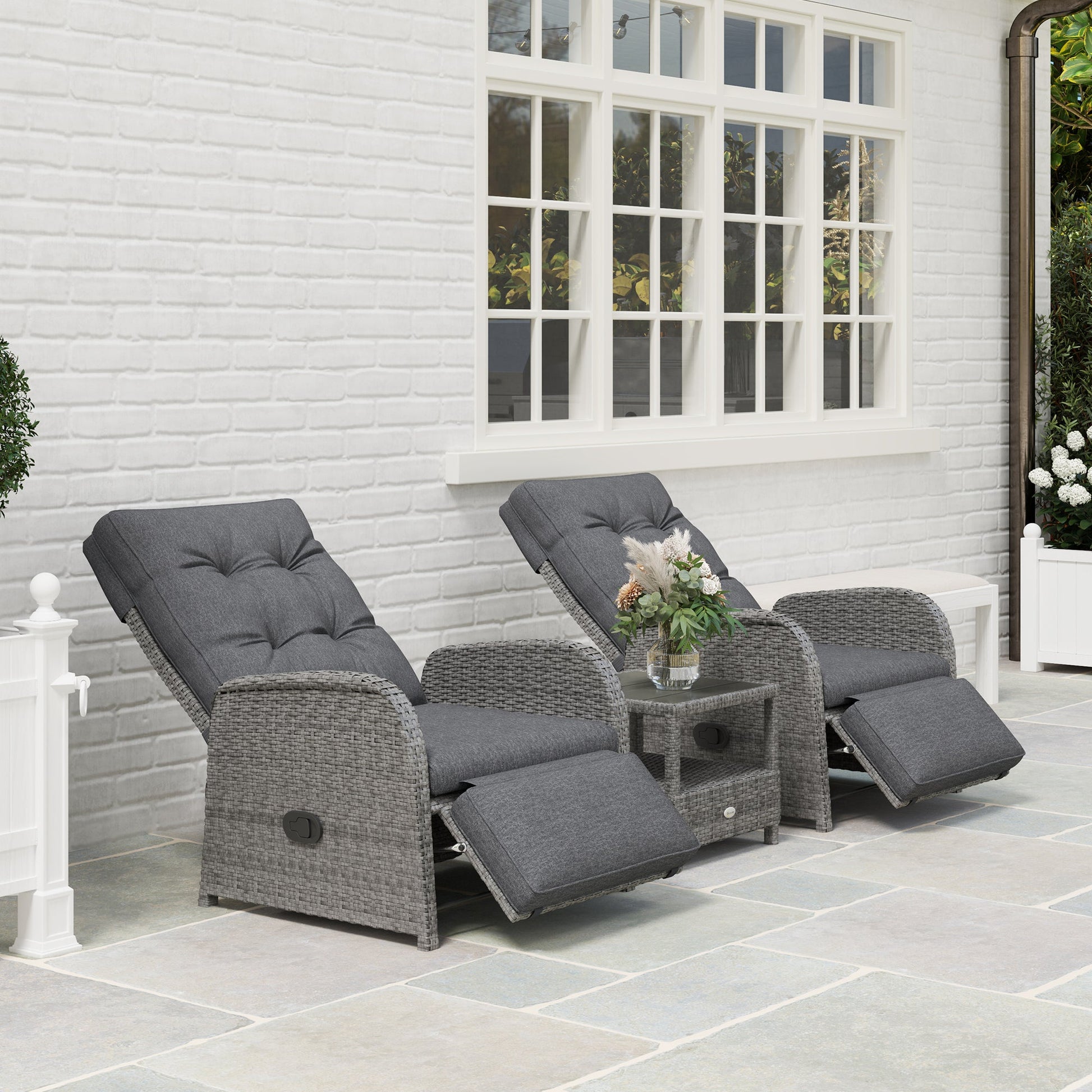 3 Pieces Rattan Bistro Set, Wicker Balcony Furniture Set with Reclining Sun Loungers, 2-Tier Coffee Table and Cushions, 2 Seater Garden Furniture for Outdoor Patio Balcony, Grey