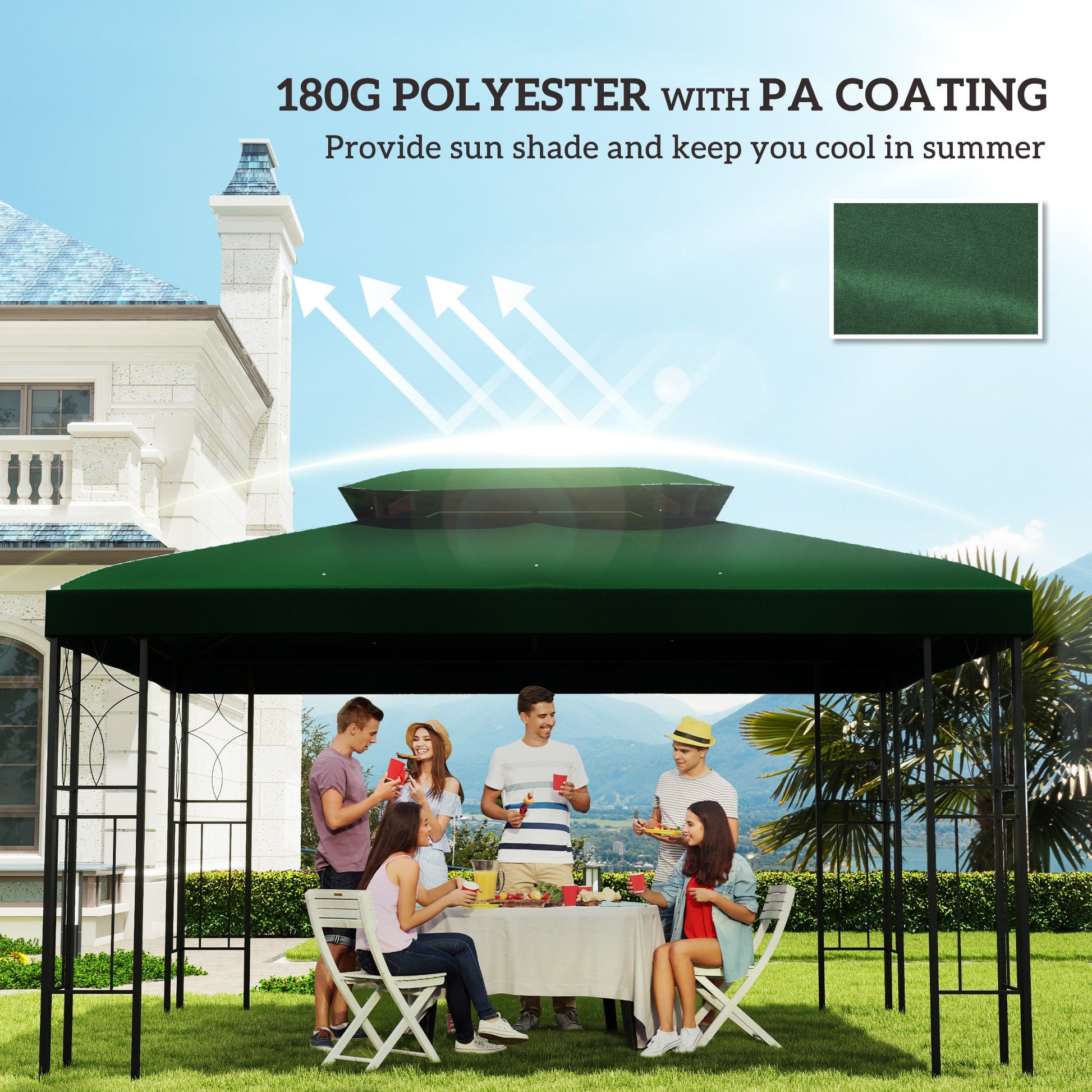 3x4m Gazebo Canopy Replacement Cover, 2 Tier Top Roof UV Cover Garden Patio Outdoor Sun Awning Shelters, Green (TOP COVER ONLY)