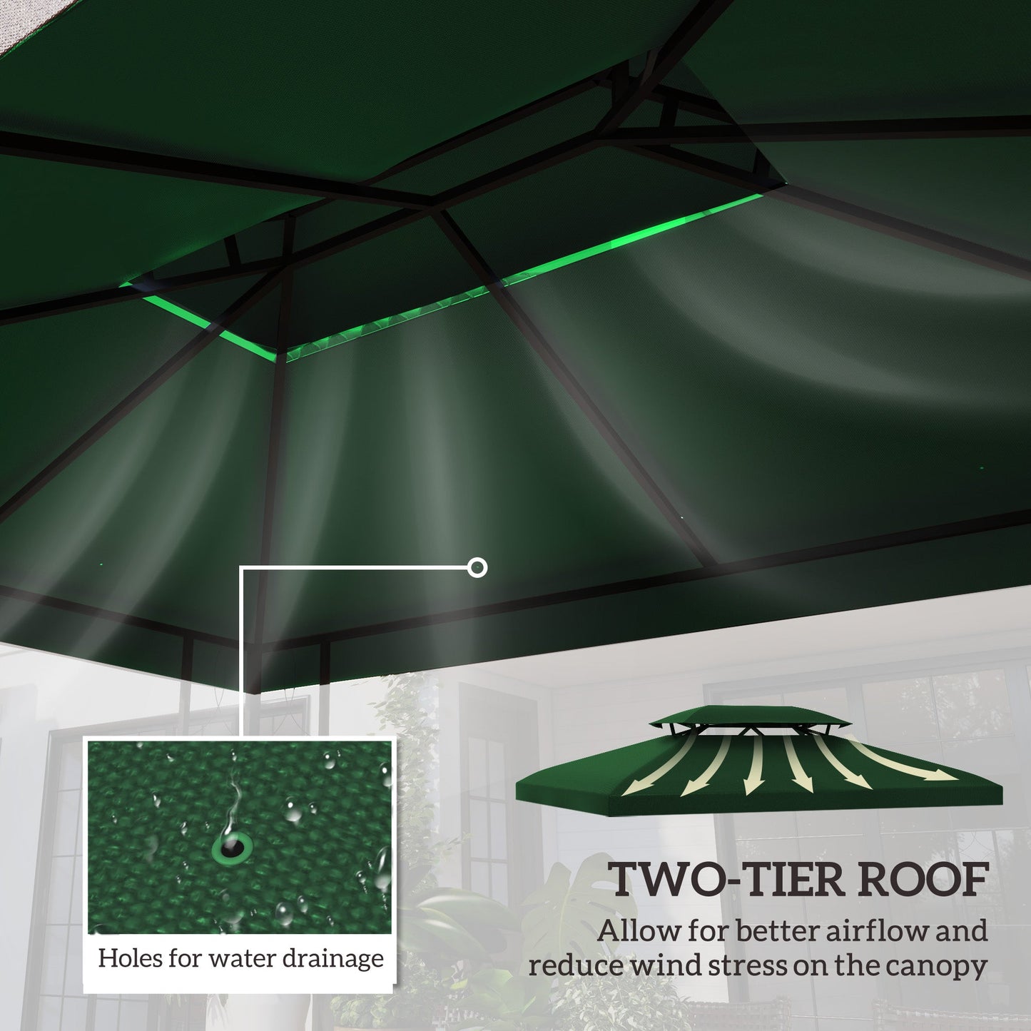 3x4m Gazebo Canopy Replacement Cover, 2 Tier Top Roof UV Cover Garden Patio Outdoor Sun Awning Shelters, Green (TOP COVER ONLY)