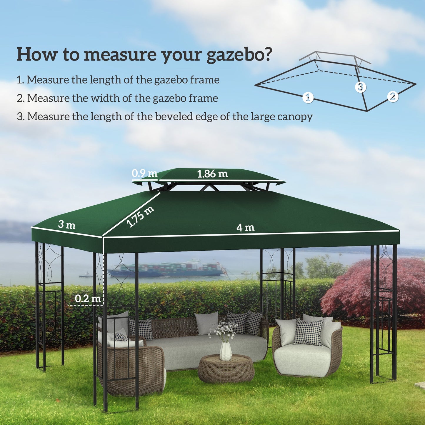 3x4m Gazebo Canopy Replacement Cover, 2 Tier Top Roof UV Cover Garden Patio Outdoor Sun Awning Shelters, Green (TOP COVER ONLY)
