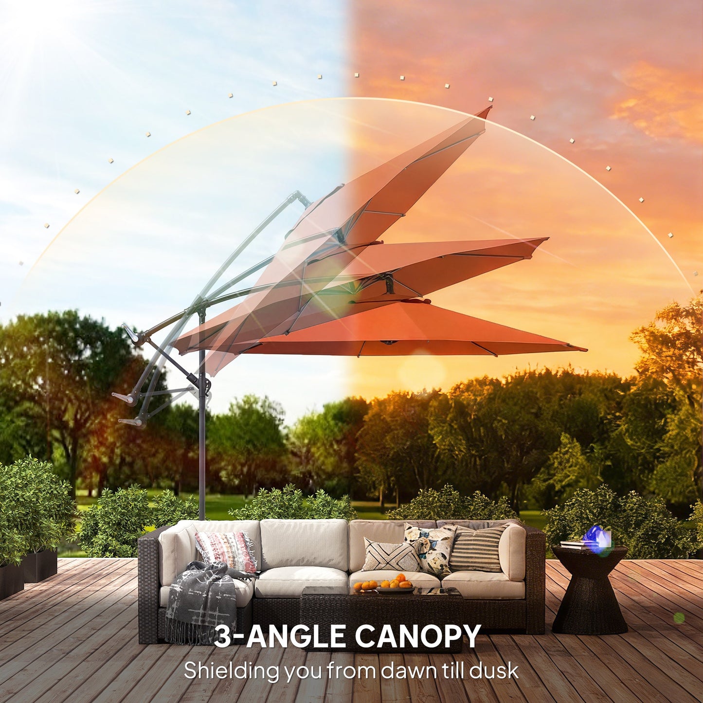 3(m) Garden Banana Parasol Hanging Cantilever Umbrella with Crank Handle, 8 Ribs and Cross Base for Outdoor, Sun Shade, Orange