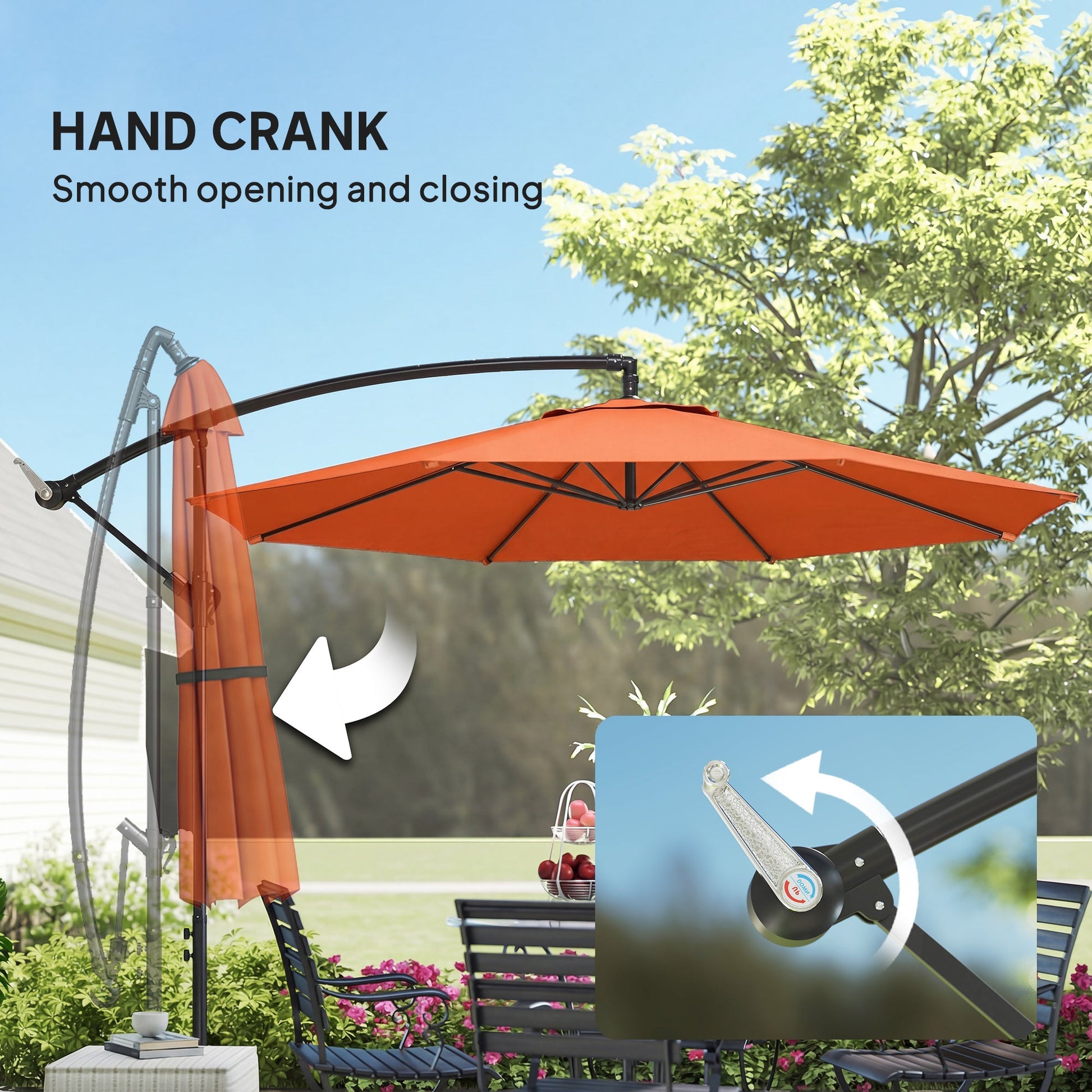 3(m) Garden Banana Parasol Hanging Cantilever Umbrella with Crank Handle, 8 Ribs and Cross Base for Outdoor, Sun Shade, Orange