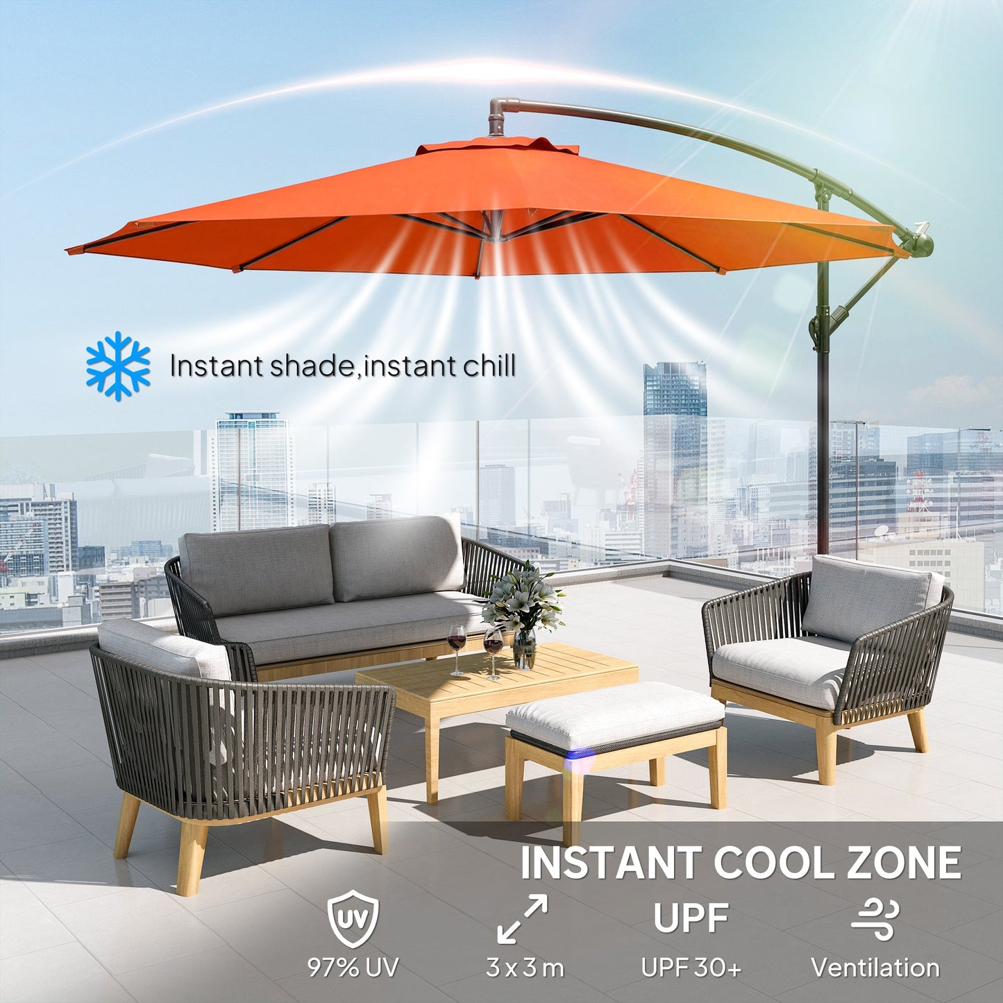 3(m) Garden Banana Parasol Hanging Cantilever Umbrella with Crank Handle, 8 Ribs and Cross Base for Outdoor, Sun Shade, Orange