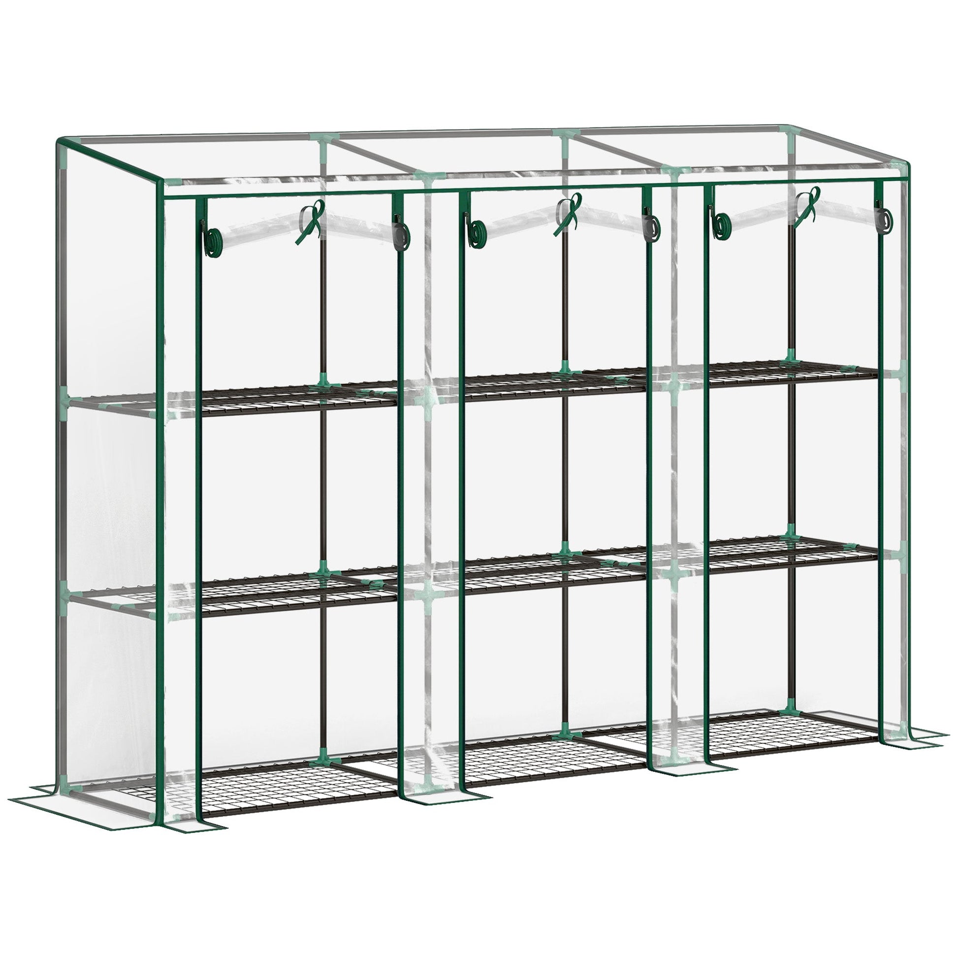 3 Tier Lean-to Mini Greenhouse with Reinforced Plastic Cover, Portable Indoor Outdoor Green House with 3 Roll-up Doors and 9 Wire Shelves, 151H x 215W x 46Dcm, Clear