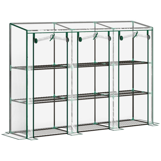 3 Tier Lean-to Mini Greenhouse with Reinforced Plastic Cover, Portable Indoor Outdoor Green House with 3 Roll-up Doors and 9 Wire Shelves, 151H x 215W x 46Dcm, Clear