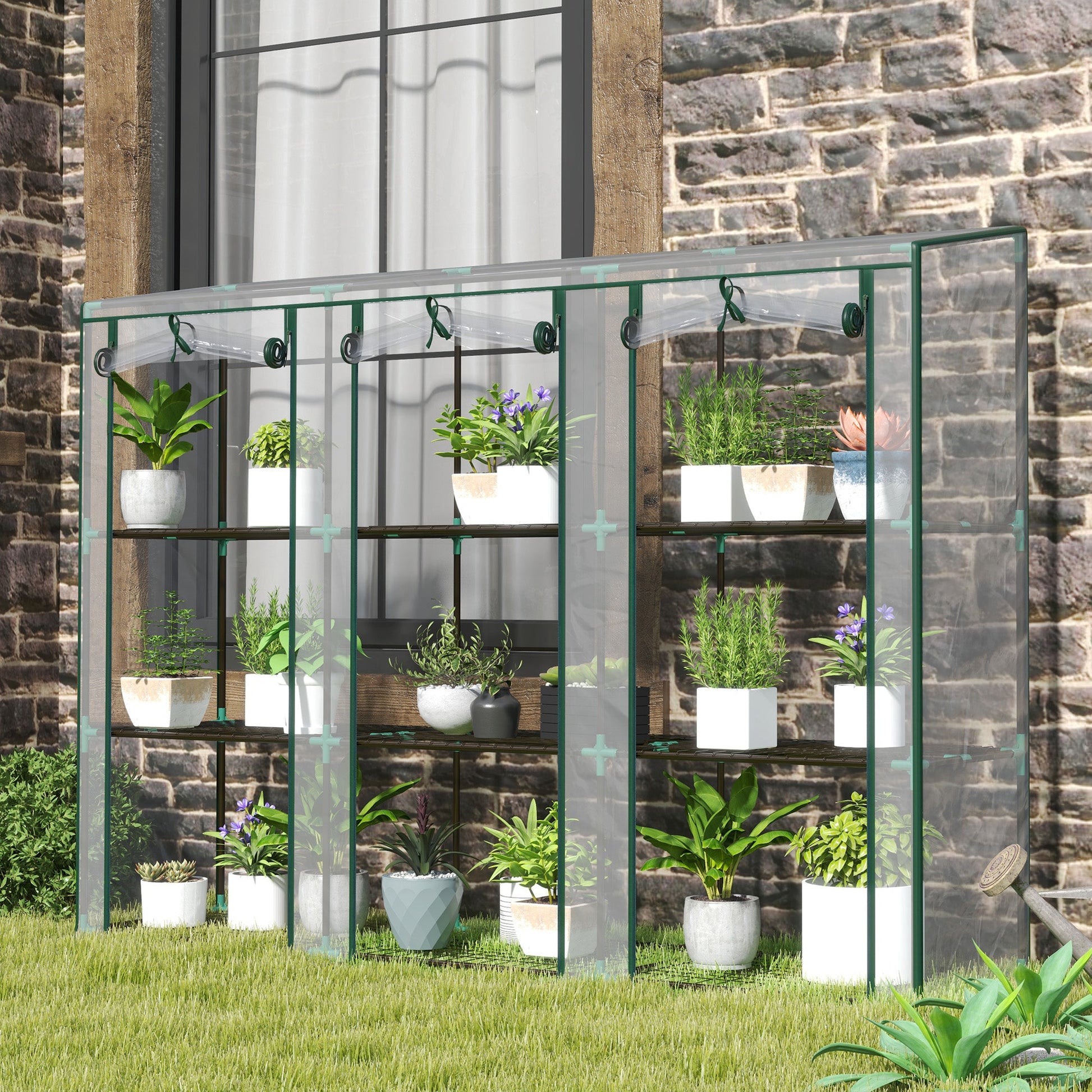 3 Tier Lean-to Mini Greenhouse with Reinforced Plastic Cover, Portable Indoor Outdoor Green House with 3 Roll-up Doors and 9 Wire Shelves, 151H x 215W x 46Dcm, Clear