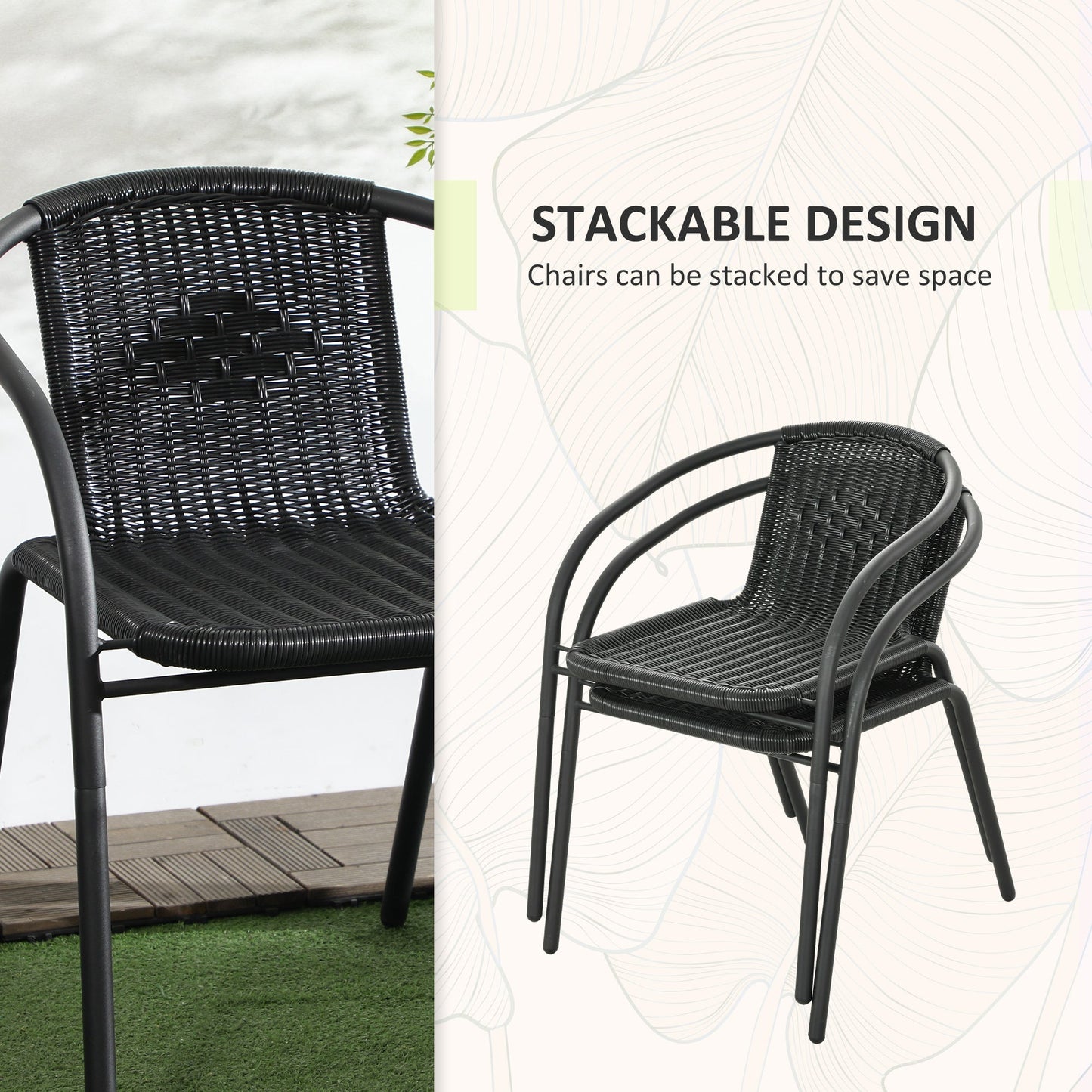 3 Pieces Rattan Bistro Set, 2 Seater Garden Furniture Set with Coffee Table and Stackable Chairs, Wicker Outdoor Table and Chairs for Garden, Porch, Balcony, Black
