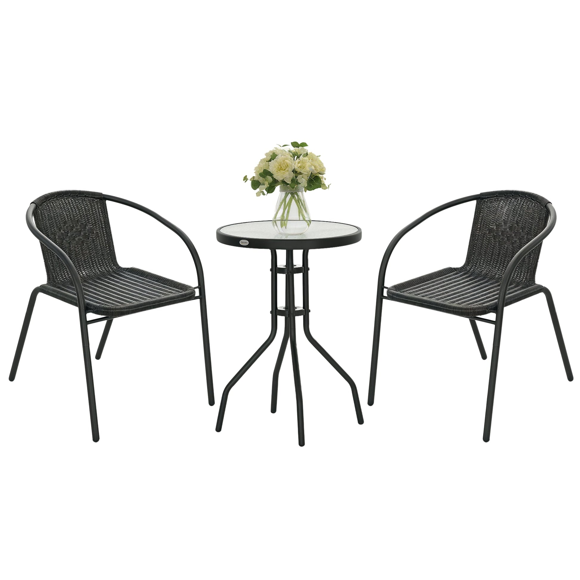 3 Pieces Rattan Bistro Set, 2 Seater Garden Furniture Set with Coffee Table and Stackable Chairs, Wicker Outdoor Table and Chairs for Garden, Porch, Balcony, Black