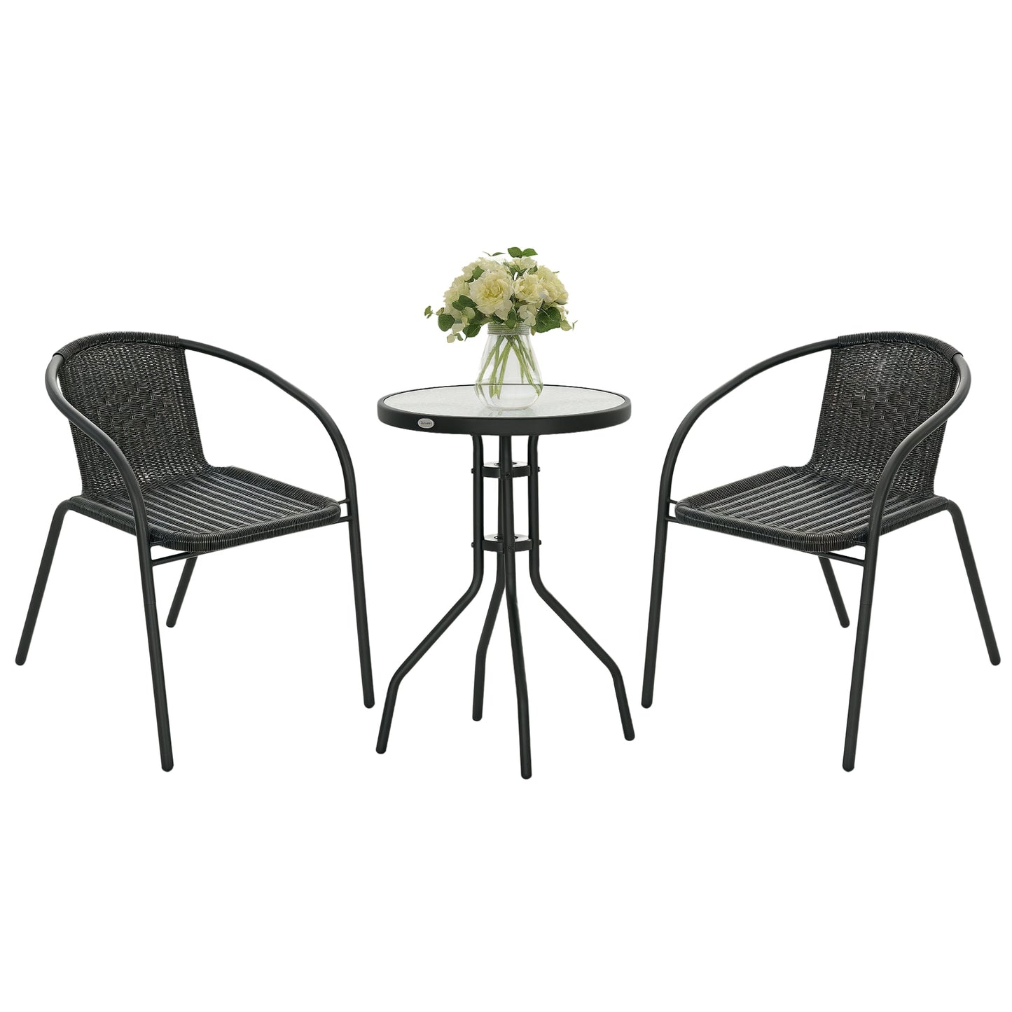 3 Pieces Rattan Bistro Set, 2 Seater Garden Furniture Set with Coffee Table and Stackable Chairs, Wicker Outdoor Table and Chairs for Garden, Porch, Balcony, Black