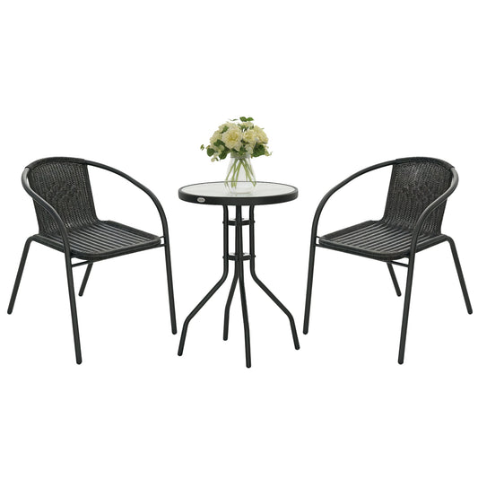 3 Pieces Rattan Bistro Set, 2 Seater Garden Furniture Set with Coffee Table and Stackable Chairs, Wicker Outdoor Table and Chairs for Garden, Porch, Balcony, Black