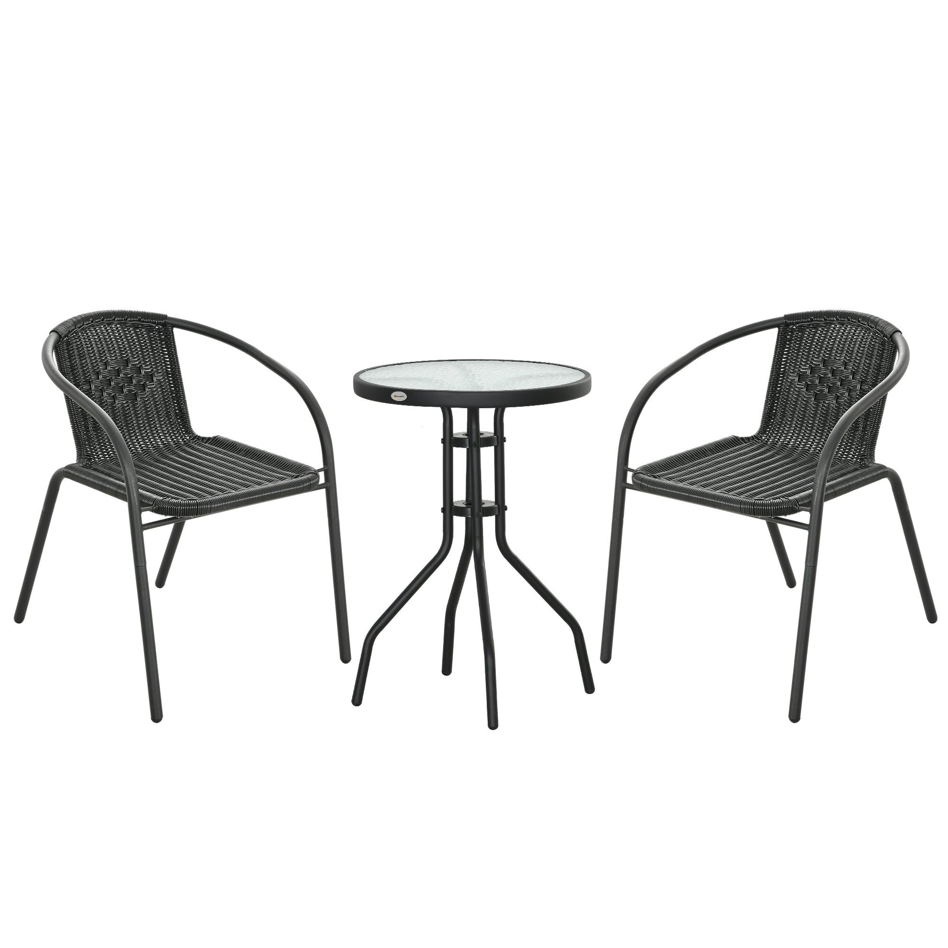 3 Pieces Rattan Bistro Set, 2 Seater Garden Furniture Set with Coffee Table and Stackable Chairs, Wicker Outdoor Table and Chairs for Garden, Porch, Balcony, Black