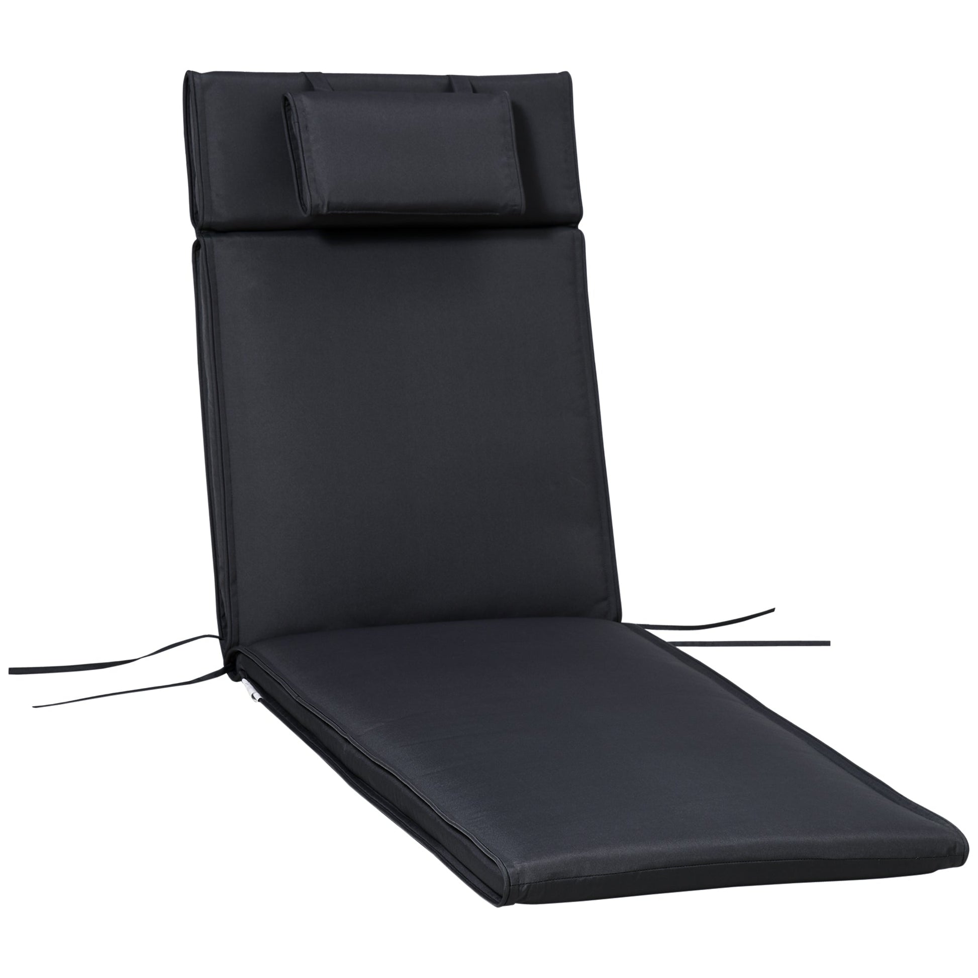 Garden Sun Lounger Cushion Replacement Thick Sunbed Reclining Chair Relaxer Pad with Pillow - Black