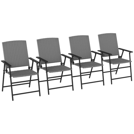 Folding Garden Chairs Set of 4, PE Rattan Garden Dining Chairs with Armrests, High Back and Steel Frame, Weather Resistant Outdoor Dining Furniture for Patio, Balcony, Grey