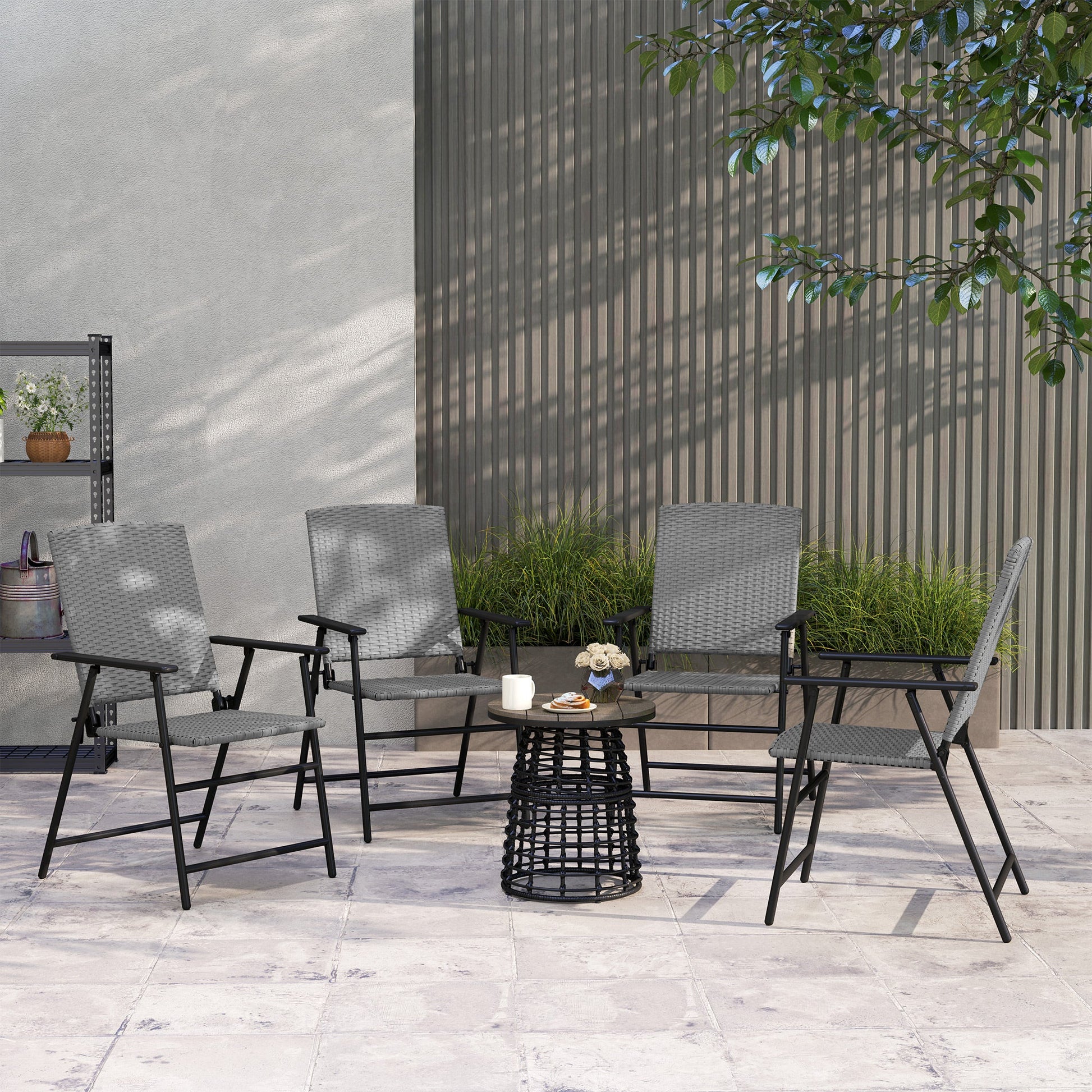 Folding Garden Chairs Set of 4, PE Rattan Garden Dining Chairs with Armrests, High Back and Steel Frame, Weather Resistant Outdoor Dining Furniture for Patio, Balcony, Grey