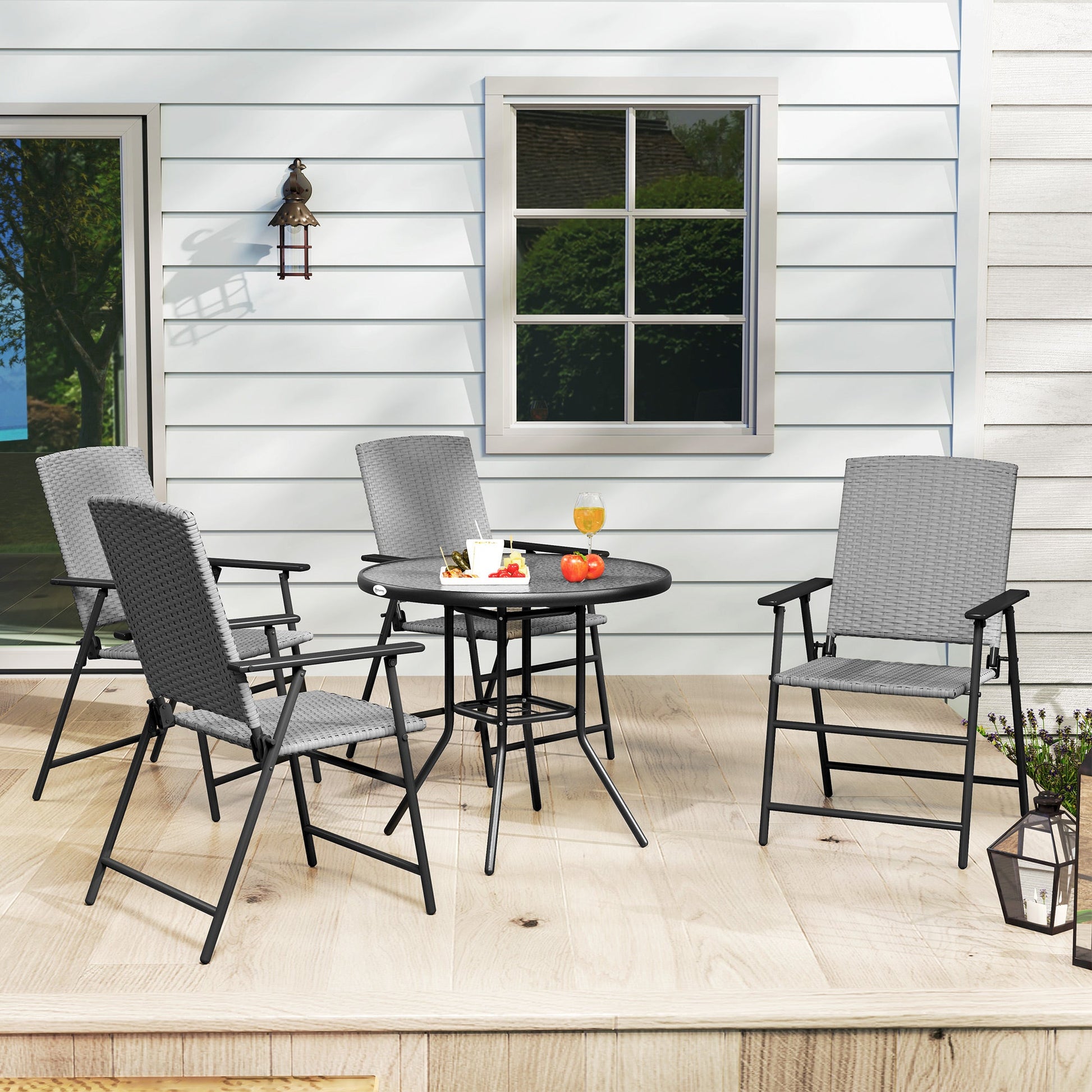 Folding Garden Chairs Set of 4, PE Rattan Garden Dining Chairs with Armrests, High Back and Steel Frame, Weather Resistant Outdoor Dining Furniture for Patio, Balcony, Grey