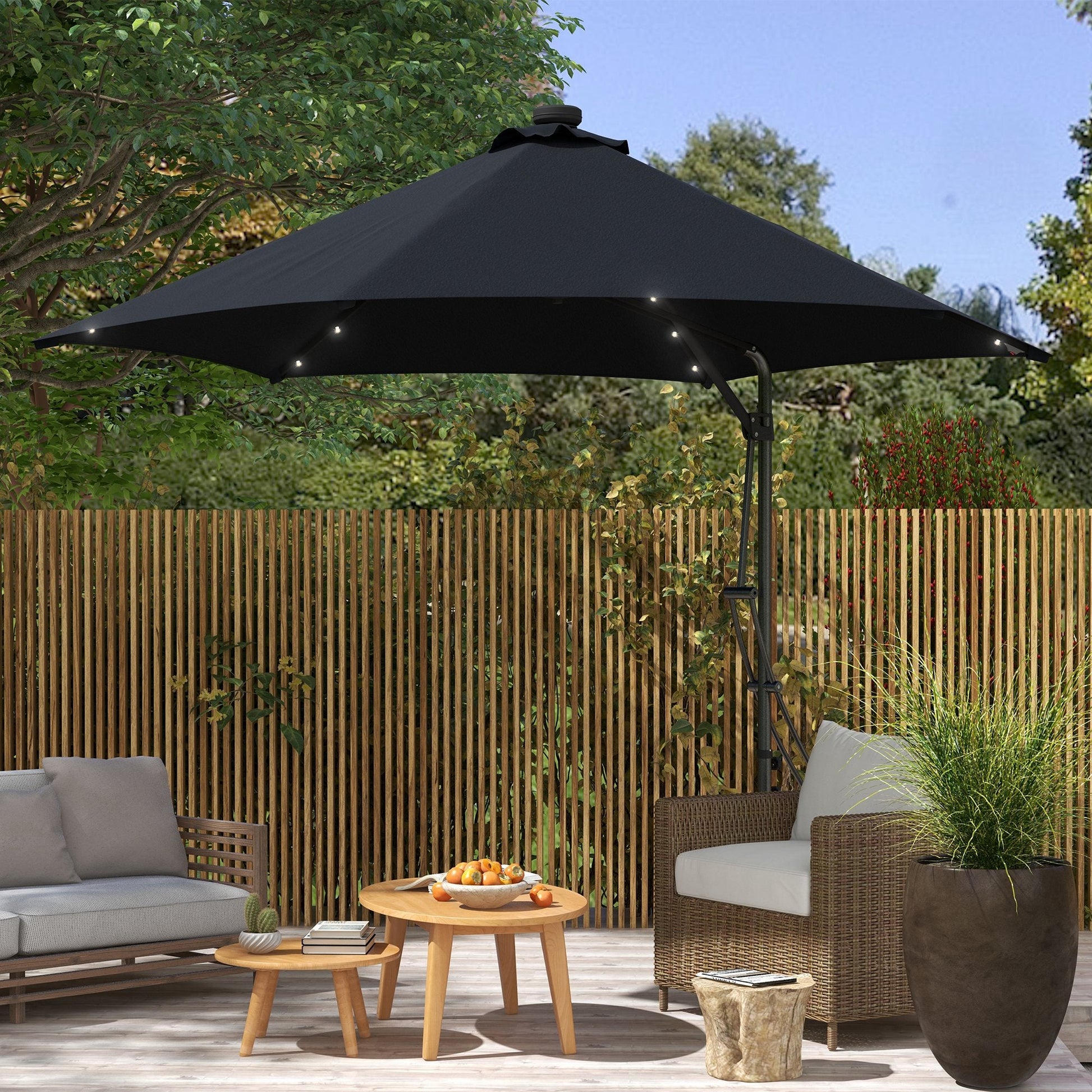 3(m) Cantilever Parasol with Solar LED and Easy Lever, Garden Parasol Umbrella with Cross Base and Waterproof Cover, Outdoor Sun Shades, Black