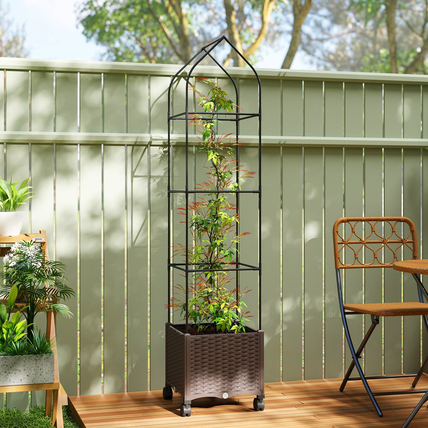 Raised Garden Bed with Trellis, Tomato Cage with Lockable Wheels, Self Watering Planter Box with Drainage Holes and Plugs for Outdoor Patio Climbing Plants, Vines, Vegetables, Flowers, Brown