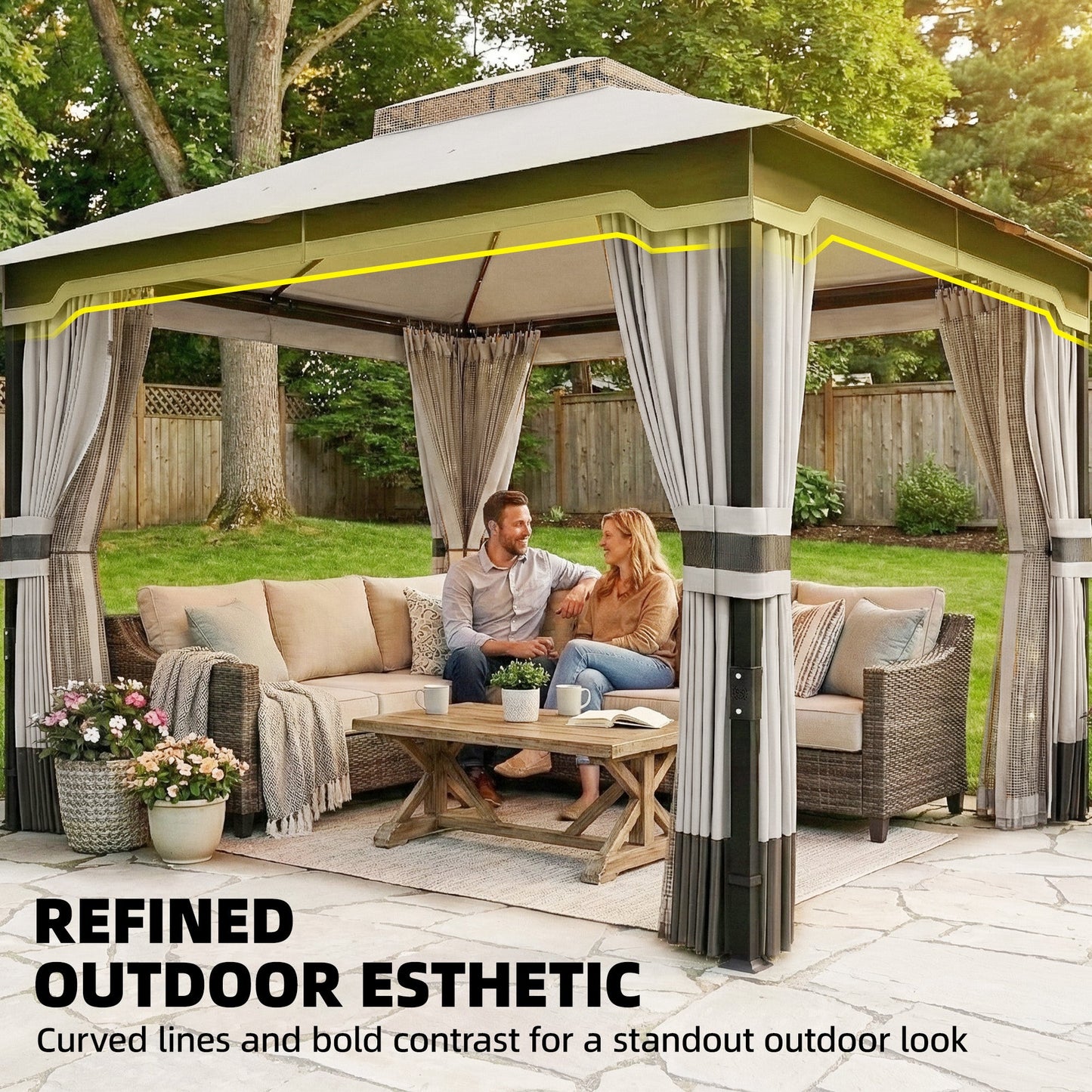 3 x 3.6 m Outdoor Garden Gazebo with Netting and Curtains, Double Roof Patio Gazebo Permanent Pavilion Canopy Shelter with Metal Frame, Drainage Holes, Light Grey