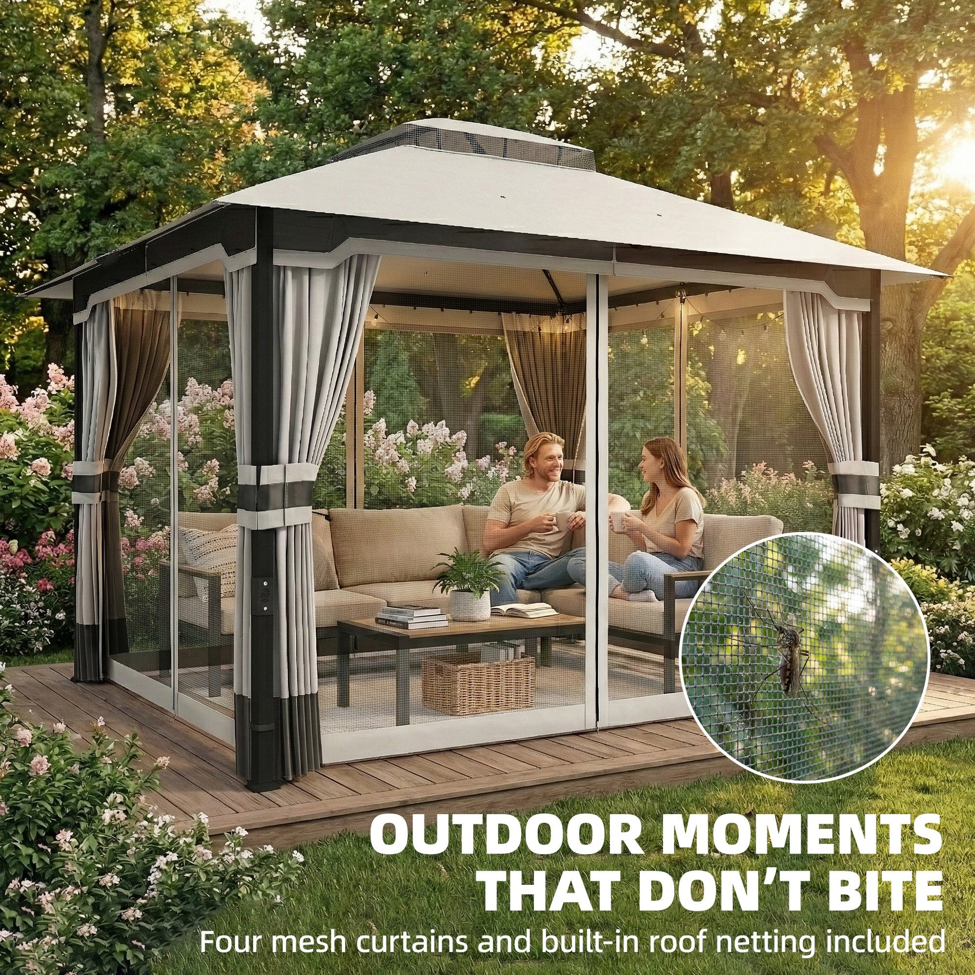 3 x 3.6 m Outdoor Garden Gazebo with Netting and Curtains, Double Roof Patio Gazebo Permanent Pavilion Canopy Shelter with Metal Frame, Drainage Holes, Light Grey