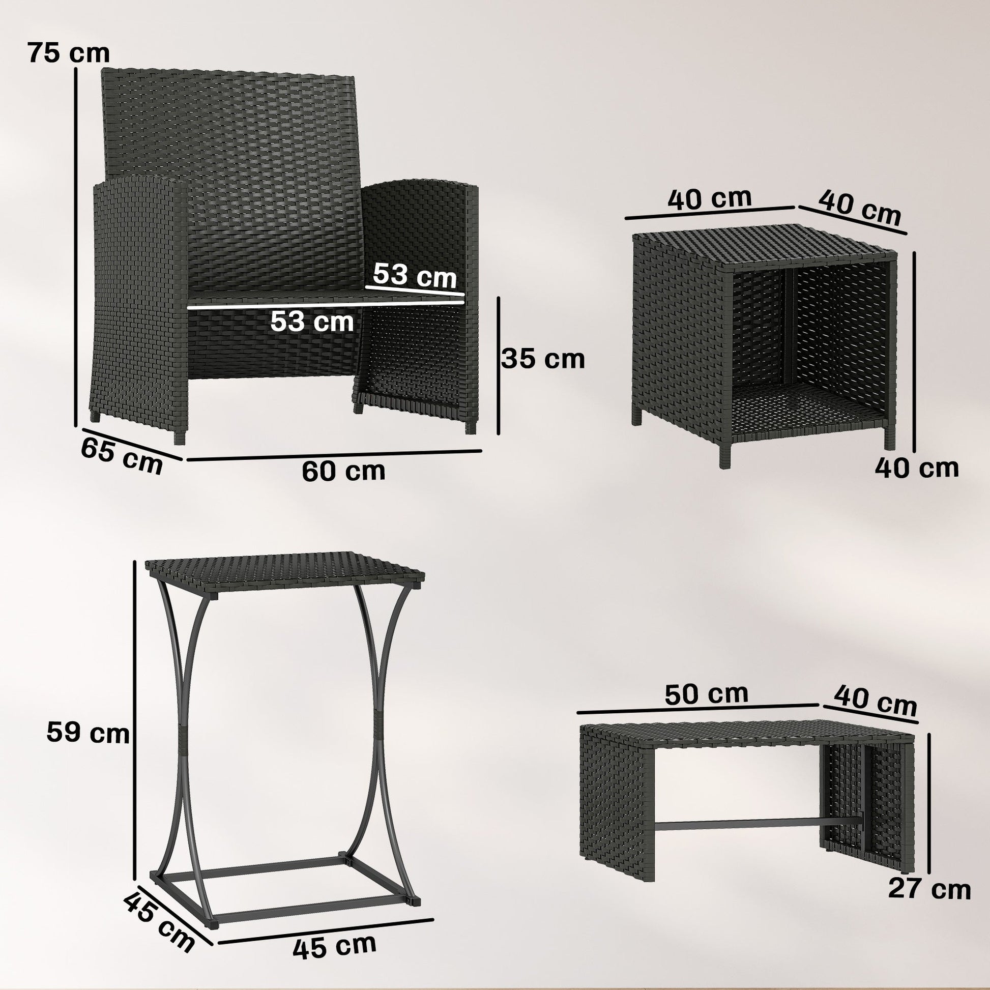 6 Piece Rattan Garden Furniture Set, Space-Saving Patio Furniture Conversation Set with 2 Nesting Tables, 2 Chairs, 2 Footstools, Wicker Outdoor Sofa with Cushions for Balcony Porch, Black