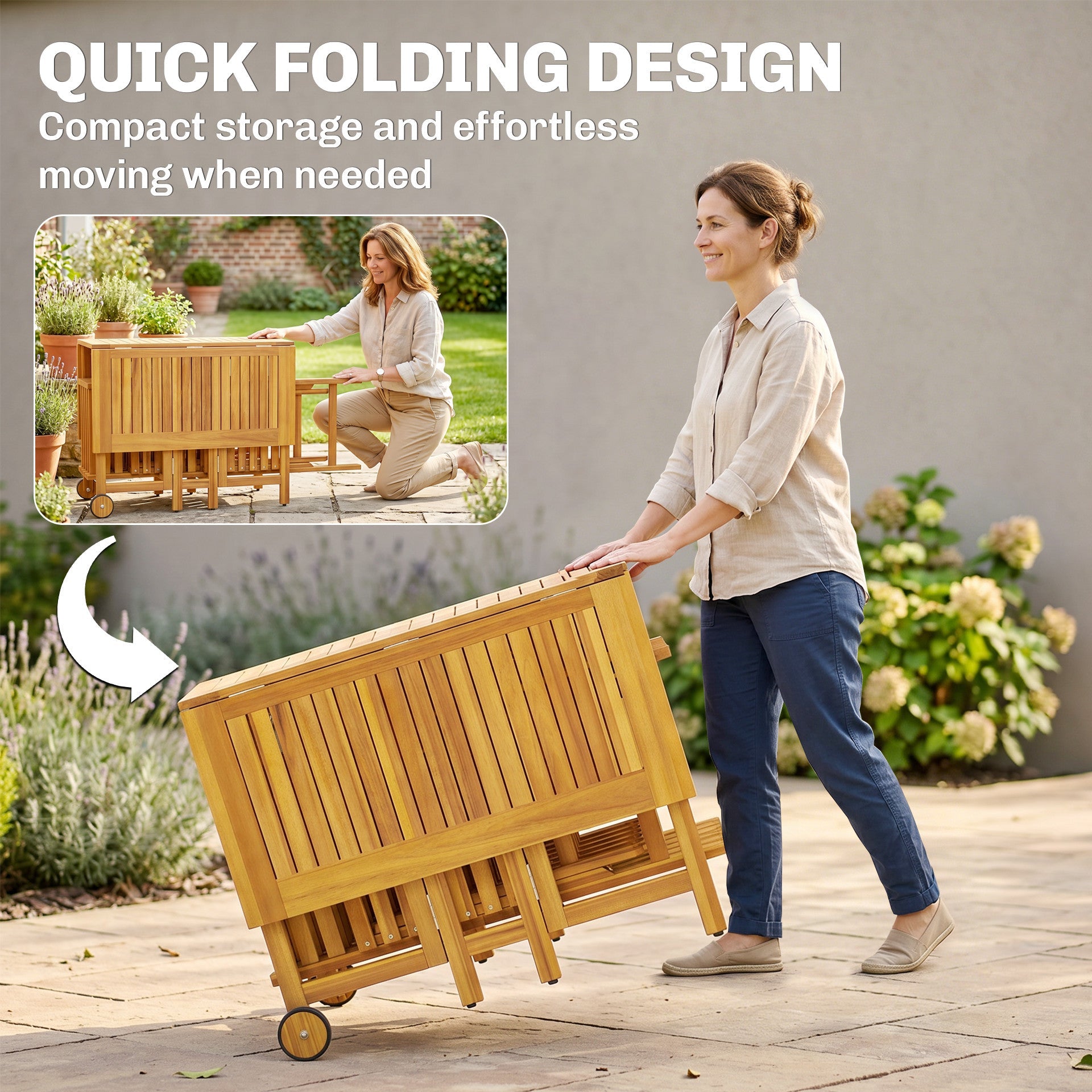 7 Pieces Garden Dining Set, Extending Dining Table and 6 Folding Chairs with Umbrella Hole, Garden Furniture Set with FSC-Certified Acacia Wood for Patio, Natural Wood
