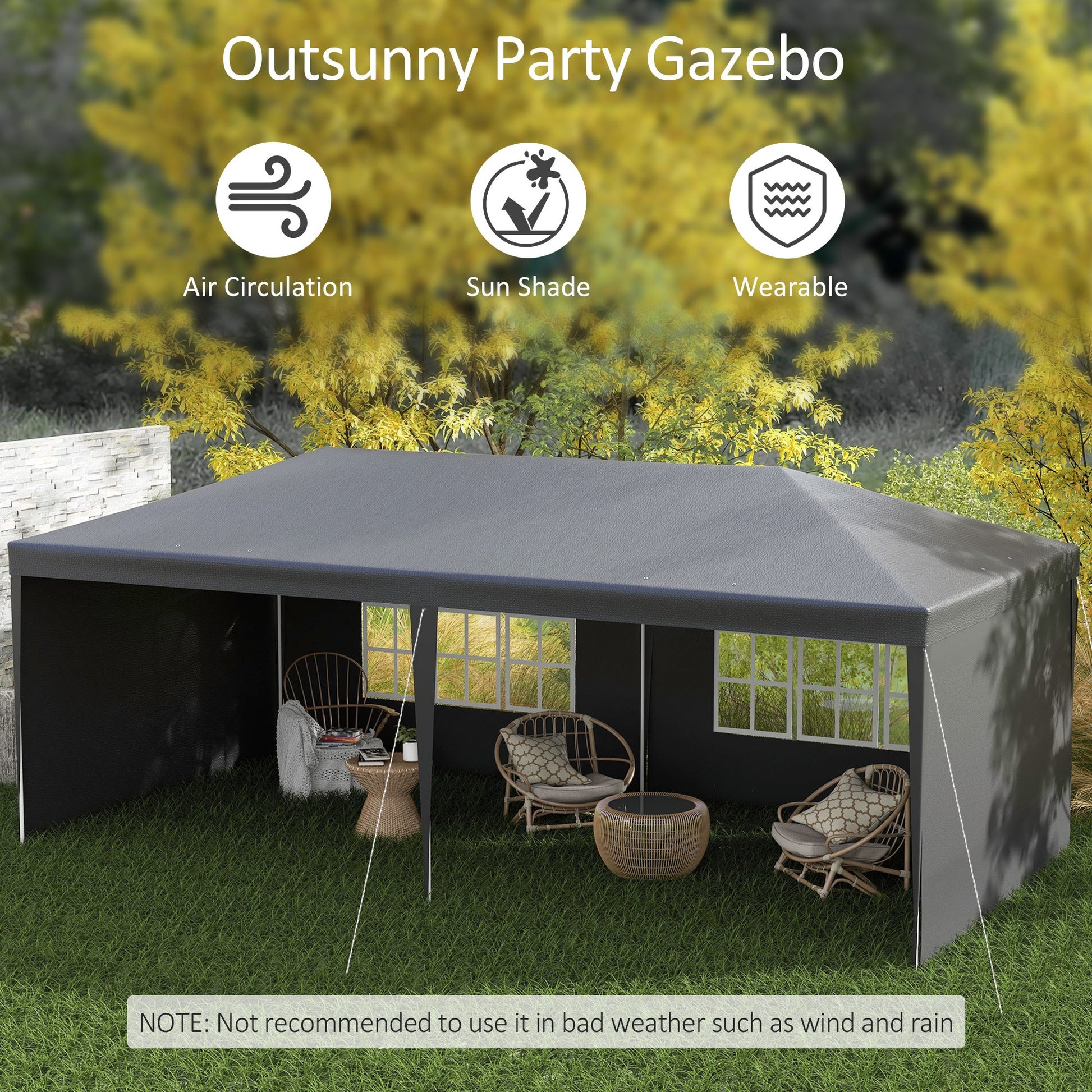 6 x 3 m Party Tent Gazebo Marquee Outdoor Patio Canopy Shelter with Windows and Side Panels Dark Grey