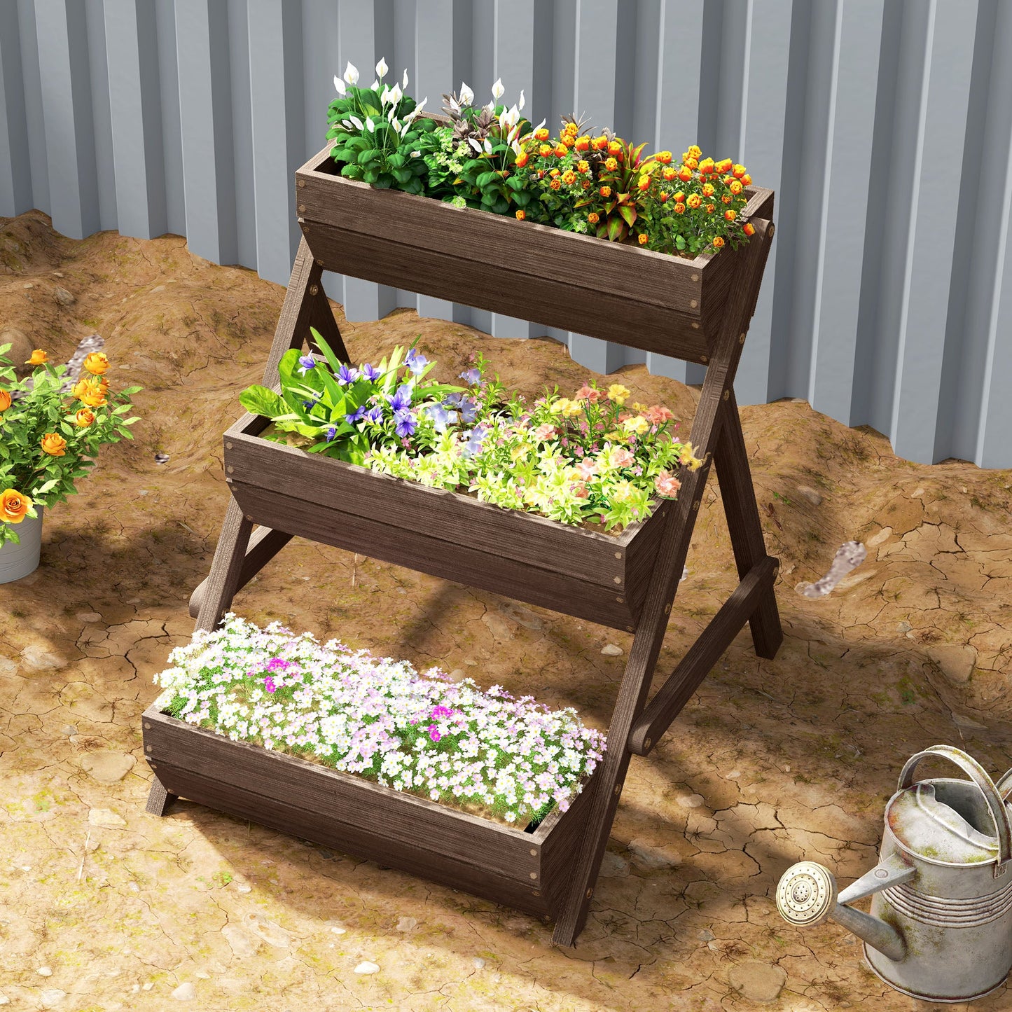 3 Tier 66L Raised Garden Bed Wooden Elevated Planter Box Kit for Flower, Vegetable, Herb, 65 x 75 x 76cm, Tan