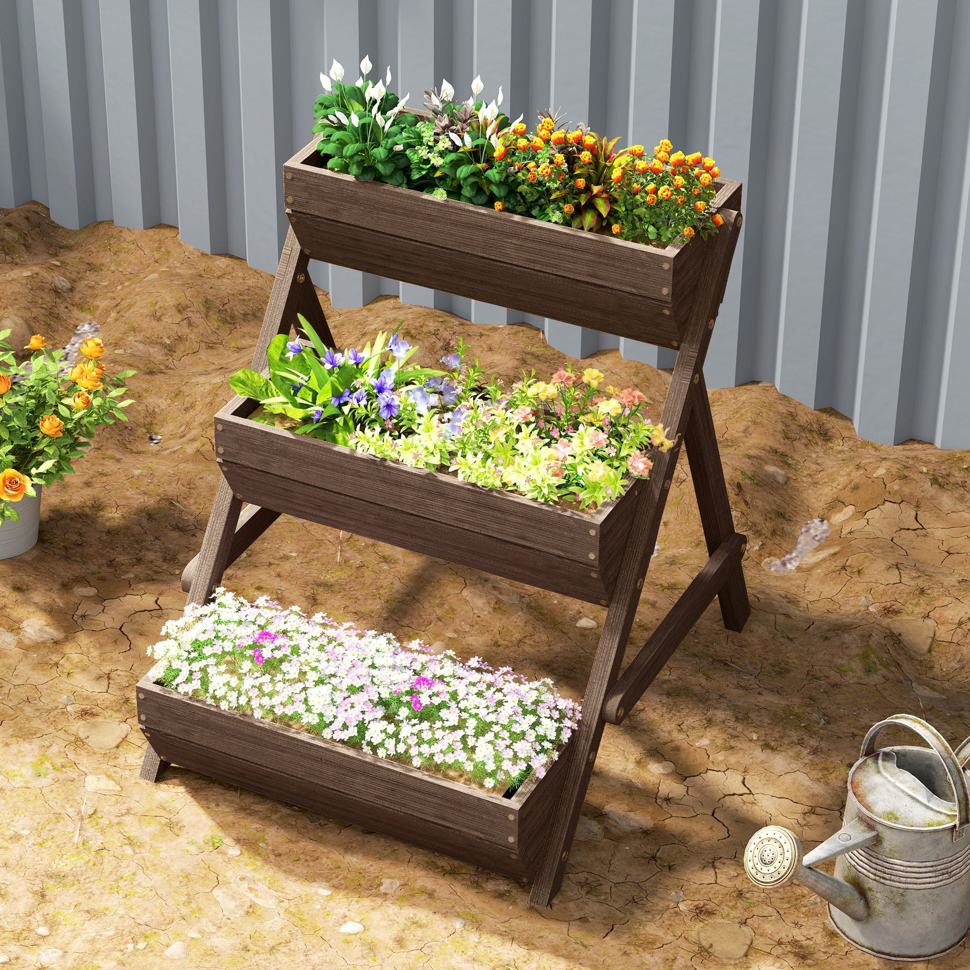 3 Tier 66L Raised Garden Bed Wooden Elevated Planter Box Kit for Flower, Vegetable, Herb, 65 x 75 x 76cm, Tan