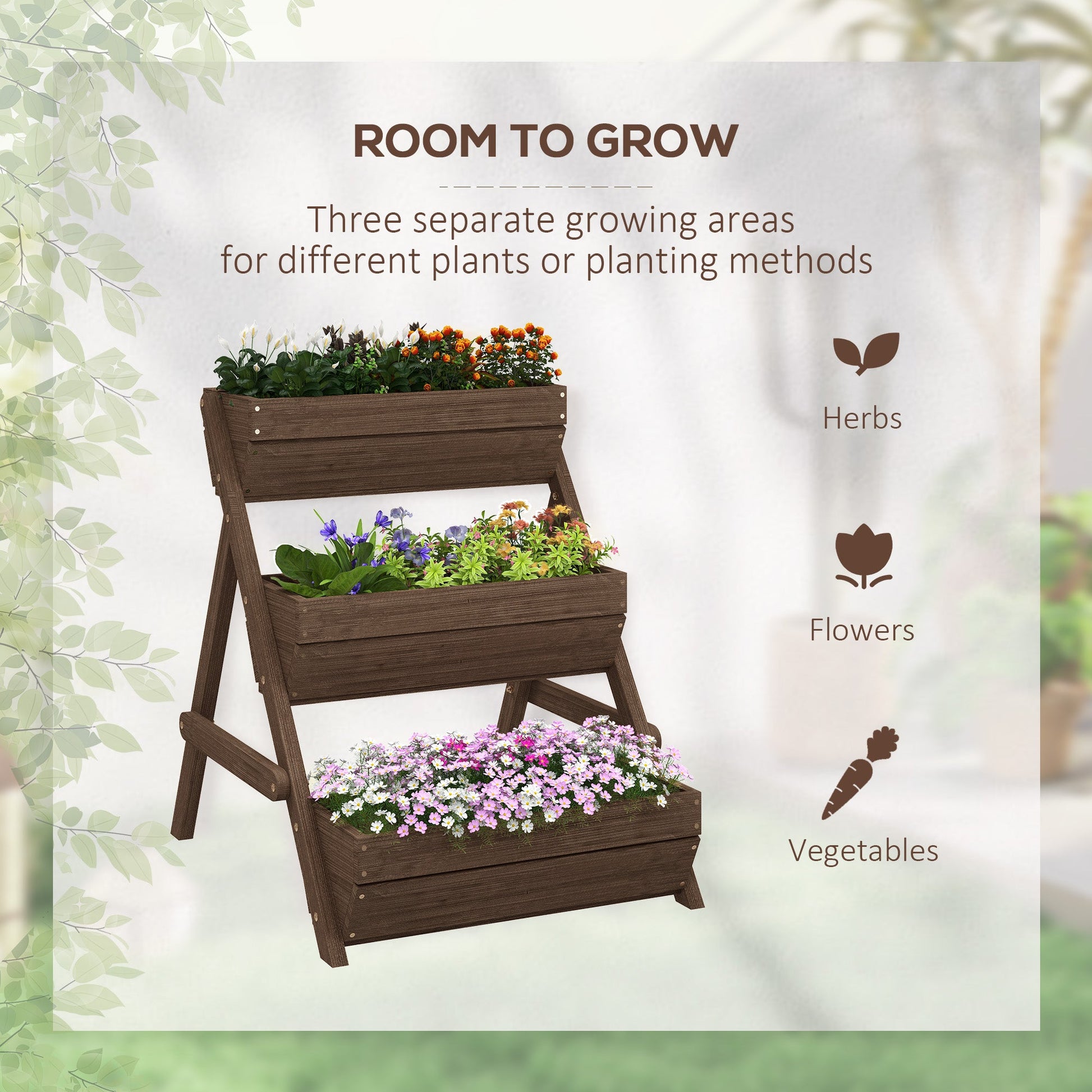 3 Tier 66L Raised Garden Bed Wooden Elevated Planter Box Kit for Flower, Vegetable, Herb, 65 x 75 x 76cm, Tan