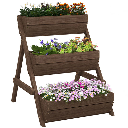 3 Tier 66L Raised Garden Bed Wooden Elevated Planter Box Kit for Flower, Vegetable, Herb, 65 x 75 x 76cm, Tan