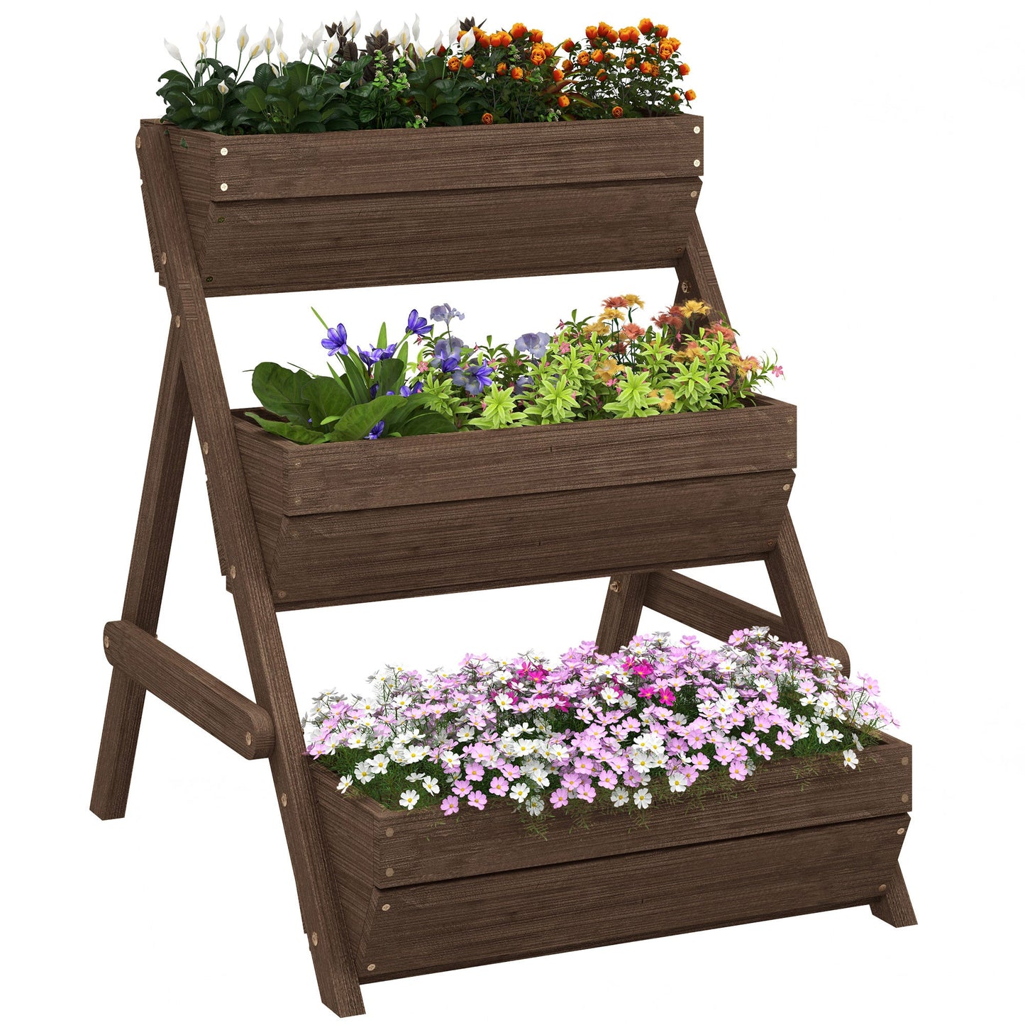 3 Tier 66L Raised Garden Bed Wooden Elevated Planter Box Kit for Flower, Vegetable, Herb, 65 x 75 x 76cm, Tan