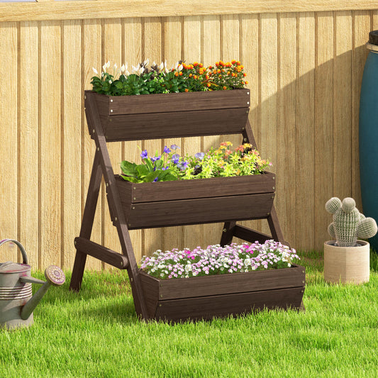 3 Tier 66L Raised Garden Bed Wooden Elevated Planter Box Kit for Flower, Vegetable, Herb, 65 x 75 x 76cm, Tan